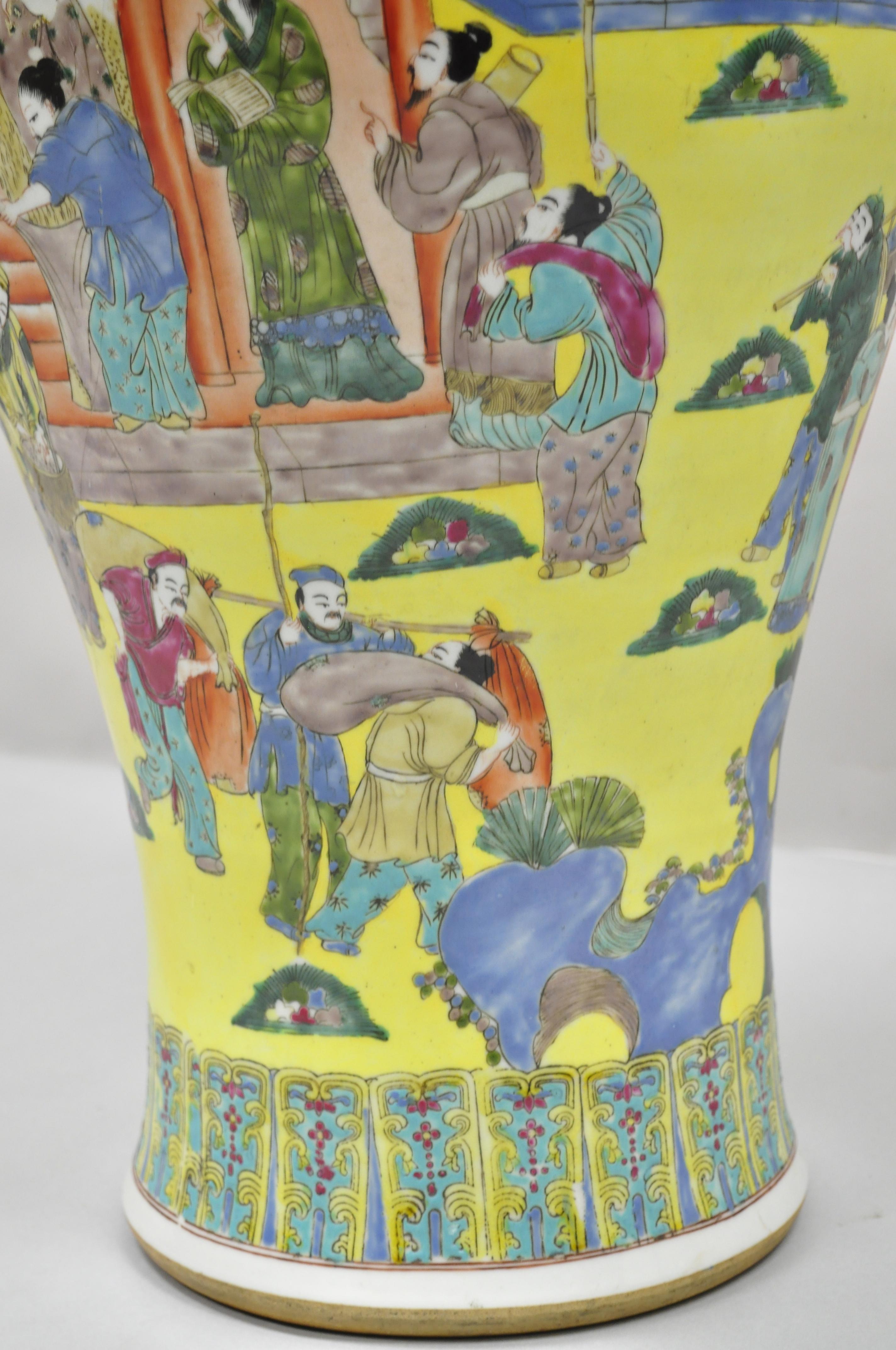 20th Century Vintage Chinese Famille Rose Yellow Porcelain Urn Vase Temple Vessel Jar For Sale