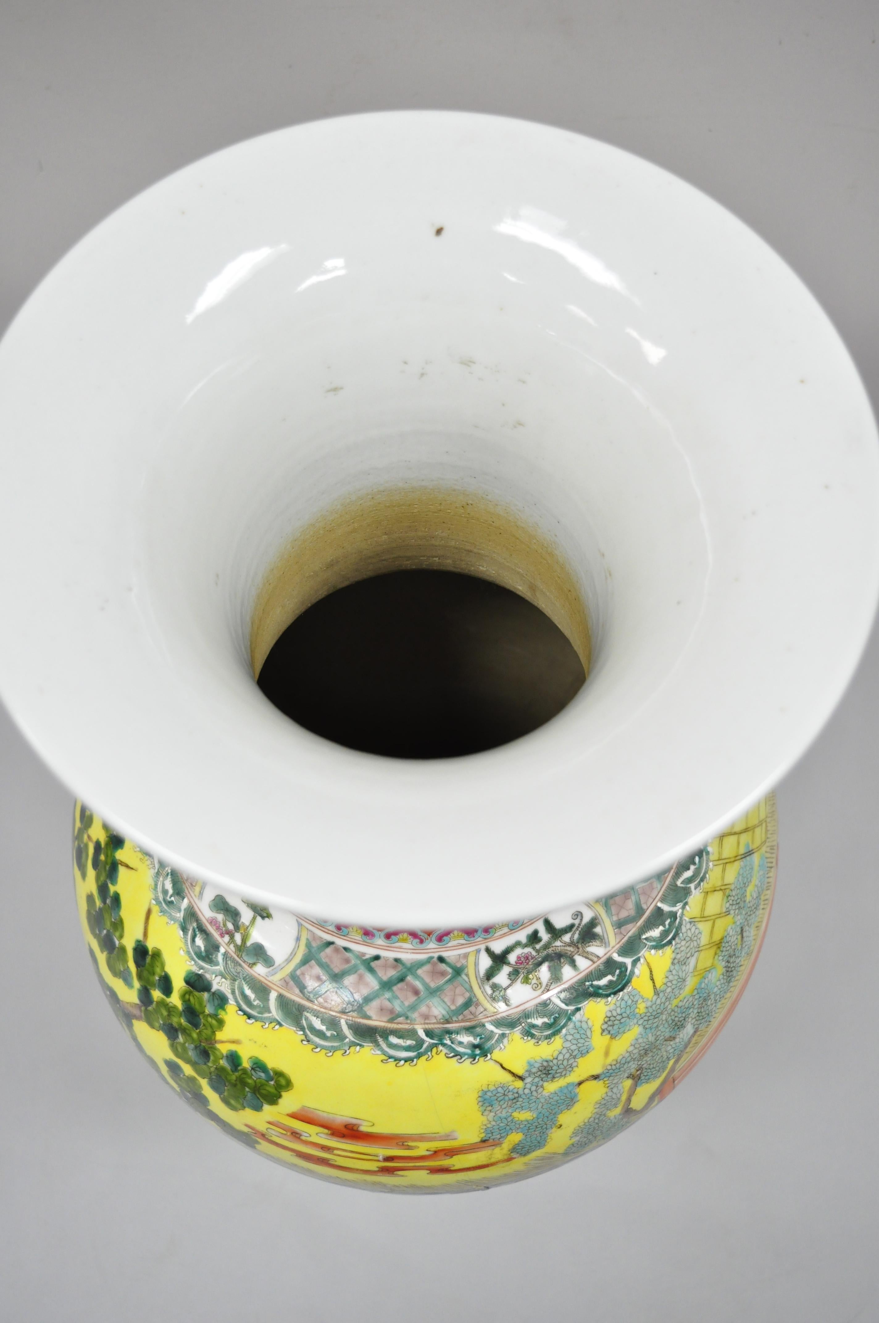 Vintage Chinese Famille Rose Yellow Porcelain Urn Vase Temple Vessel Jar 1