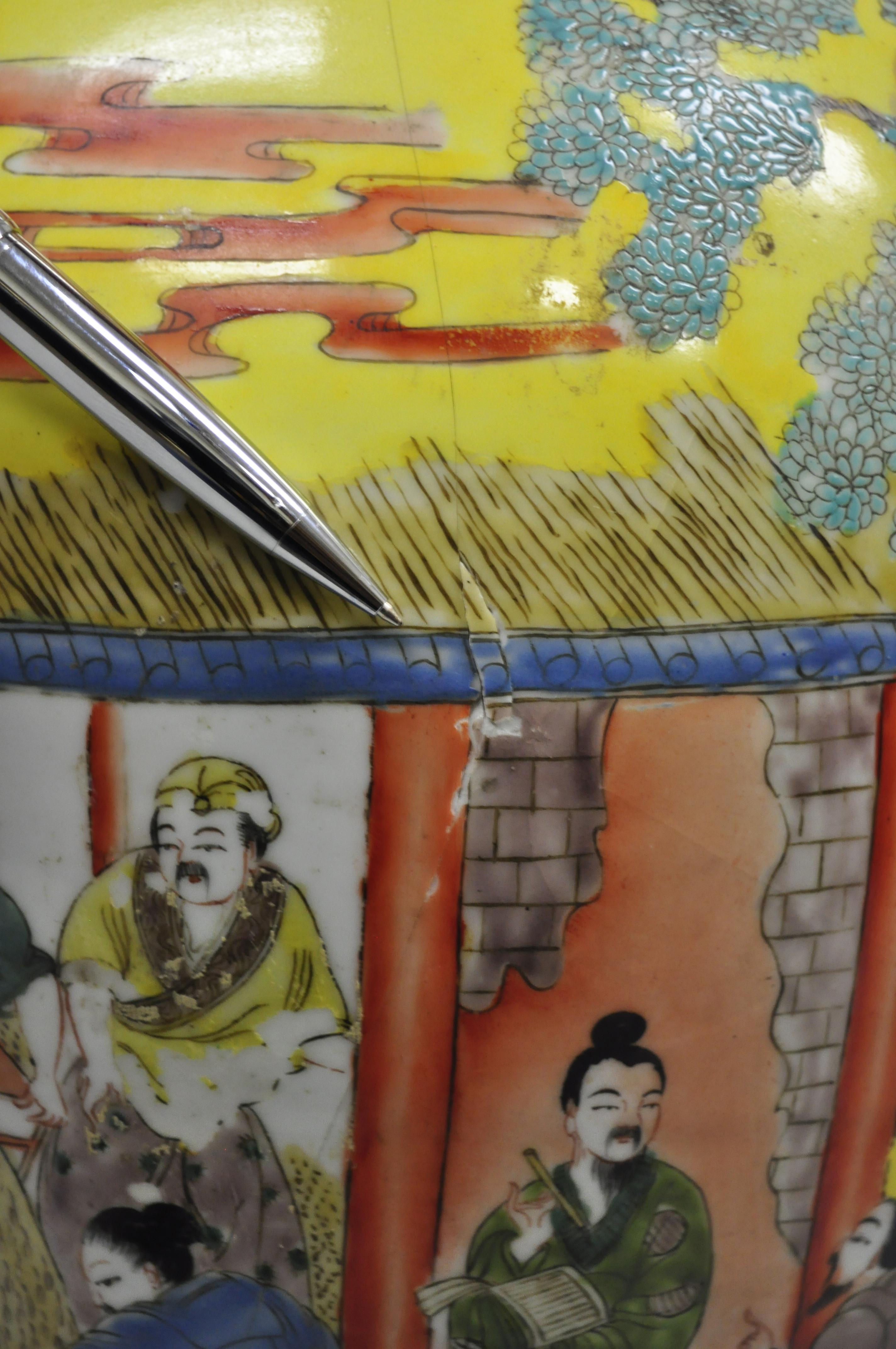 Vintage Chinese Famille Rose Yellow Porcelain Urn Vase Temple Vessel Jar 3