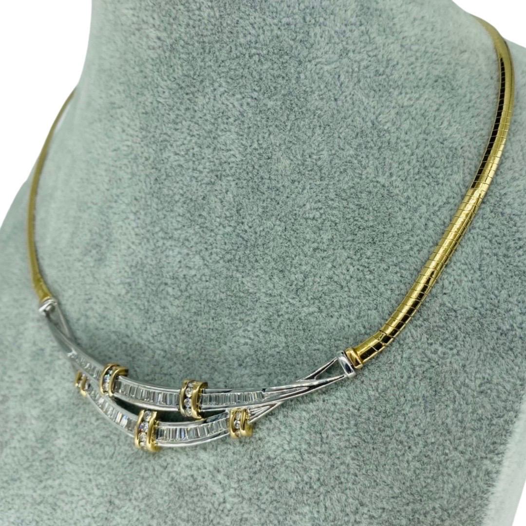 Vintage 3.60 Carat Baguette Diamonds 2-Tone Double Row Omega Choker Necklace. Very luxurious and elegant choker necklace by Italian designer. The baguette diamonds are very high quality as well as the round diamonds featured in this beautiful