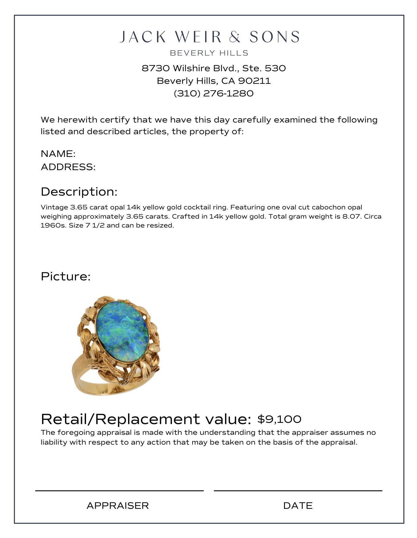 Bague cocktail vintage en or jaune 14 carats avec opale de 3,65 carats Pour femmes en vente