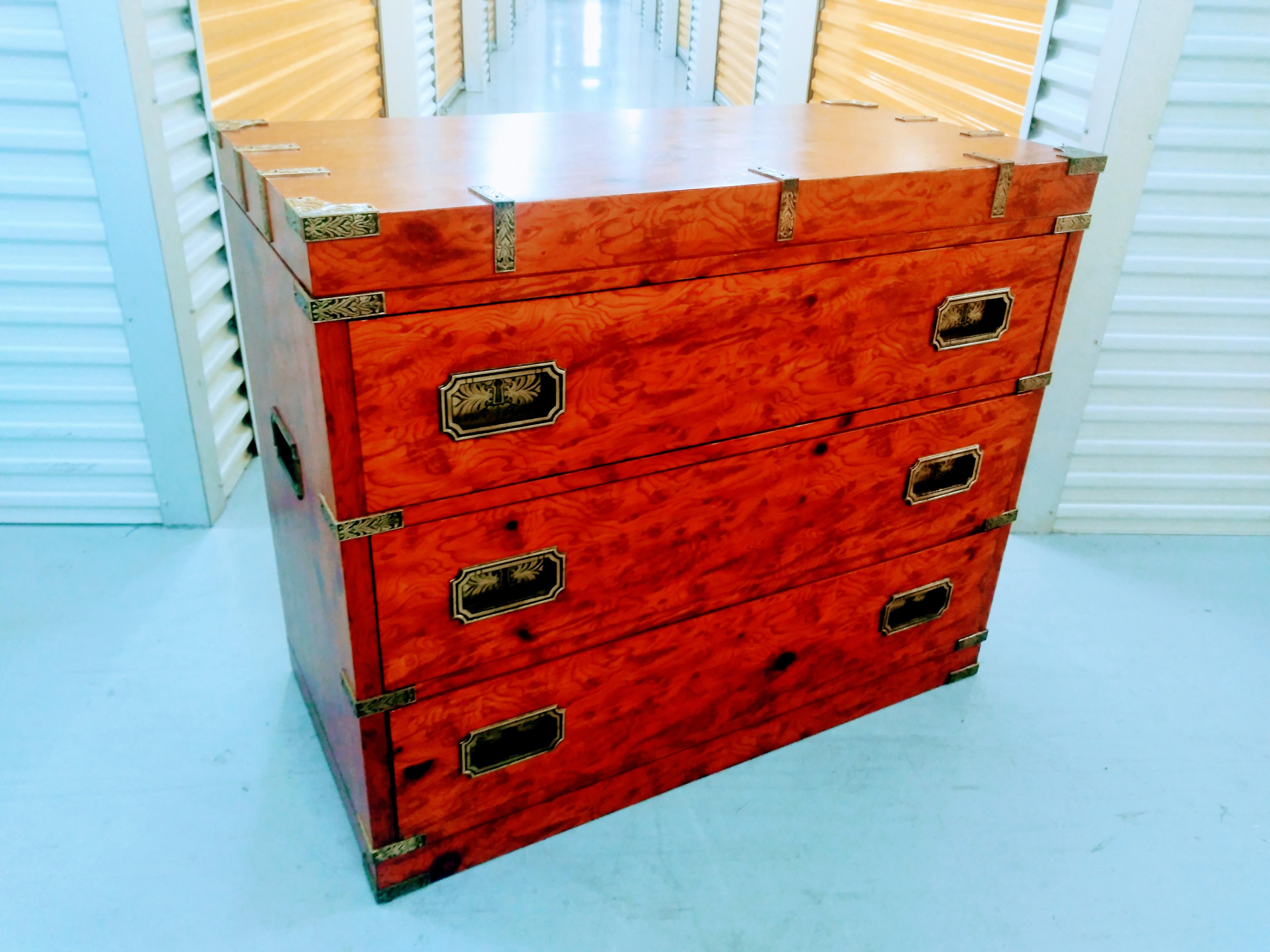 Vintage Pulaski Burlwood Campaign Style Chest In Good Condition In Pasadena, TX