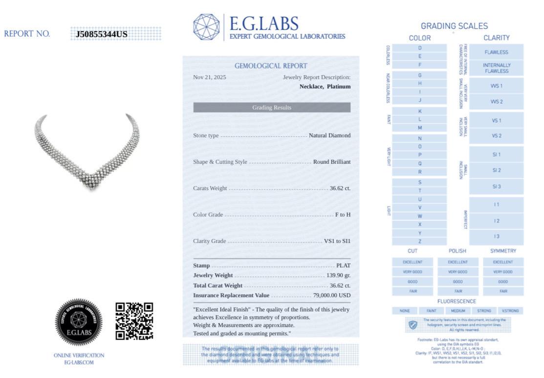 Vintage By 36,62 ctw VS Natural Diamond V-Shaped Platinum Choker in vendita 4