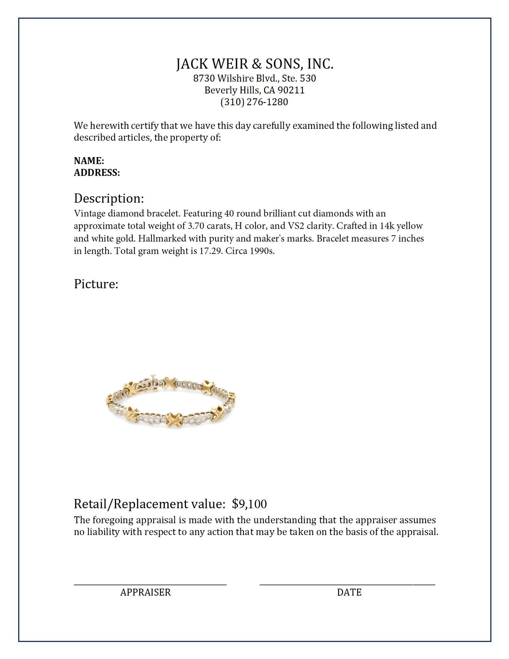 Vintage 3.70 carat total weight diamond 14k gold bracelet In Excellent Condition In Beverly Hills, CA