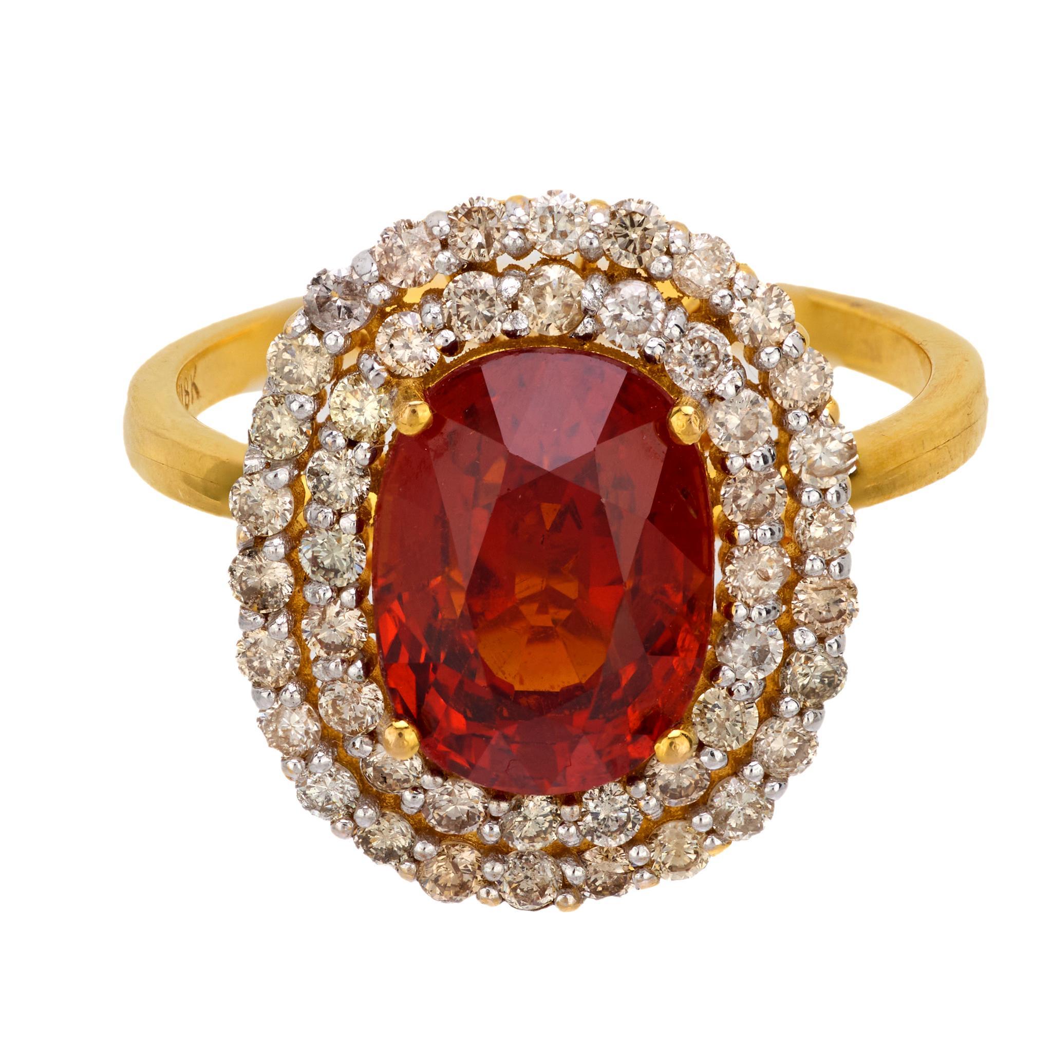 Modern Vintage 3.70 Spessartine Garnet diamond 18k yellow gold cocktail ring For Sale