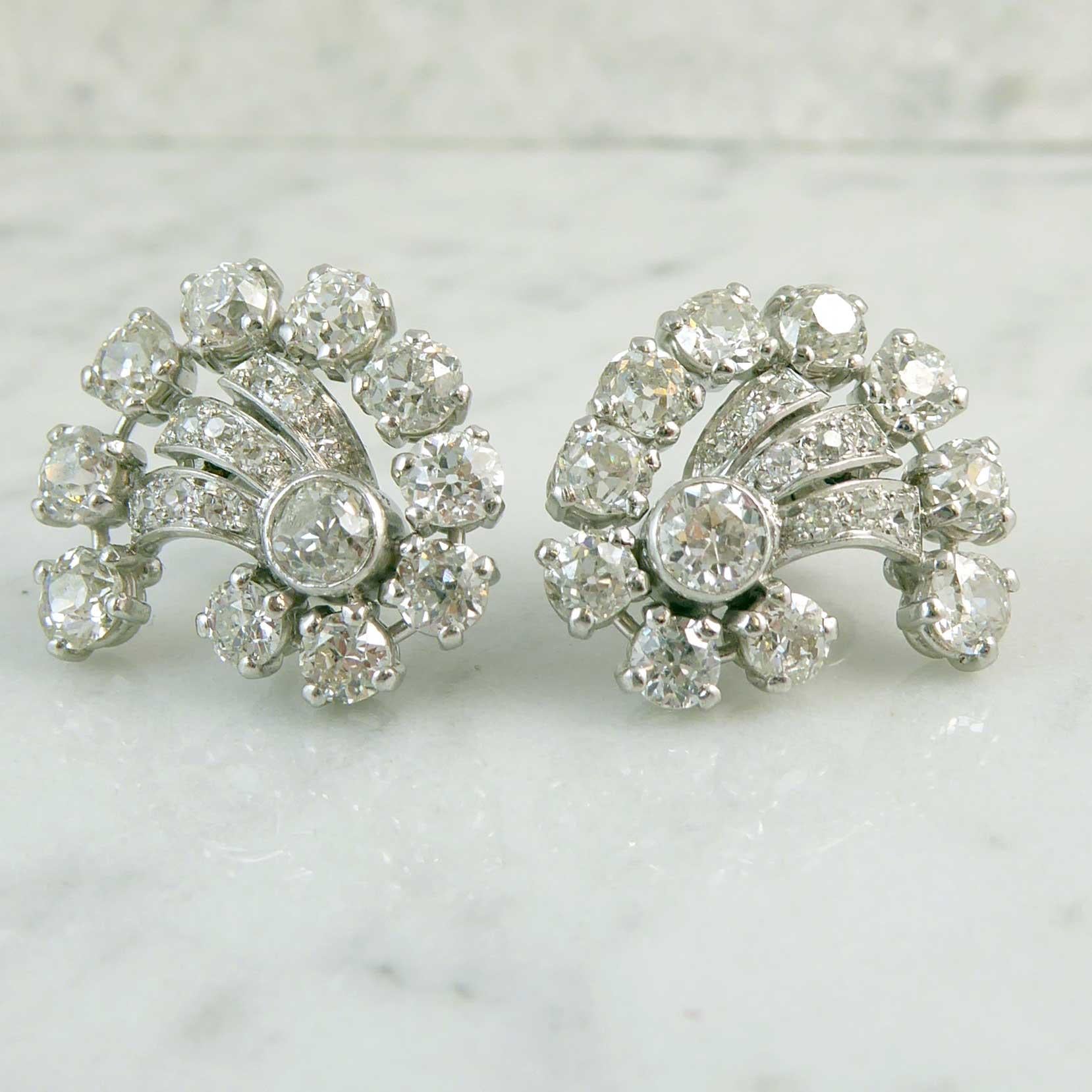 Vintage 3.74 Carat Old European Cut Diamond Earrings, 1950s-1960s Cluster Stud In Excellent Condition In Yorkshire, West Yorkshire