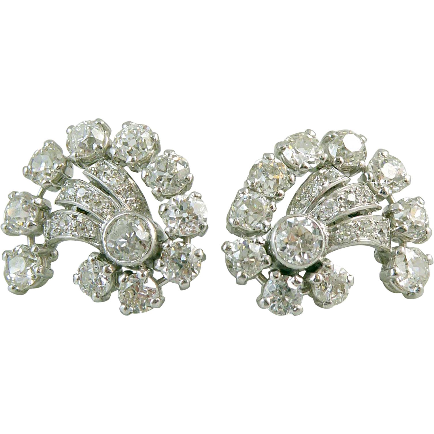 Vintage 3.74 Carat Old European Cut Diamond Earrings, 1950s-1960s Cluster Stud