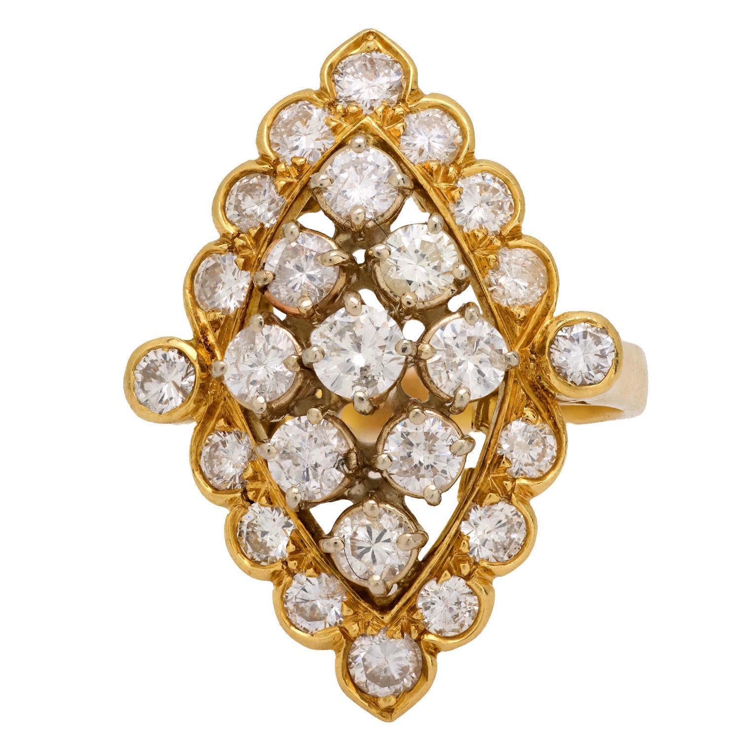 This vintage ring from the 1980s is crafted in 18k yellow gold and set with 25 round brilliant cut diamonds totaling approximately 3.75 carats. The diamonds are graded H-I color and I clarity, offering bold sparkle in a substantial gold setting.