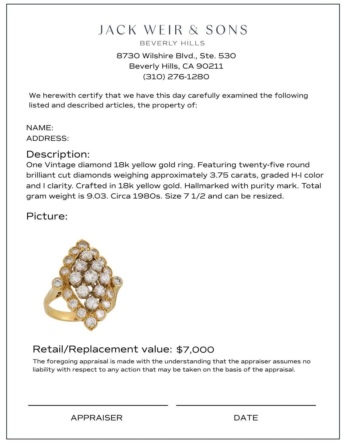 Vintage 3.75 carat diamond 18k yellow gold navette ring en Bueno estado para la venta en Beverly Hills, CA