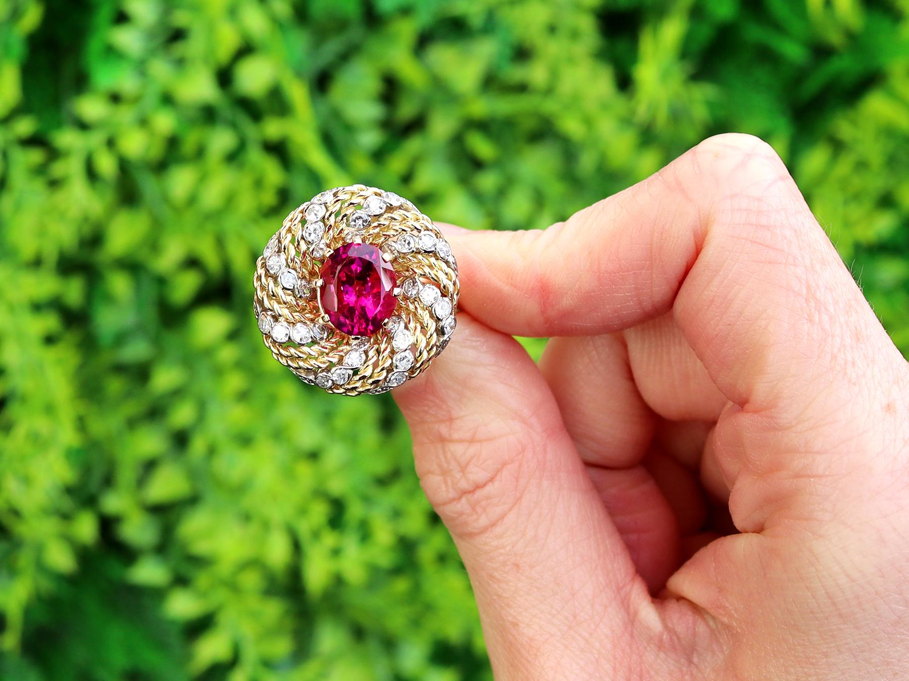 A stunning, fine and impressive vintage 3.75 carat tourmaline and 0.96 carat diamond, 18 karat yellow and white gold set dress ring; part of our diverse vintage jewellery and estate jewelry collections.

This stunning, fine and impressive vintage