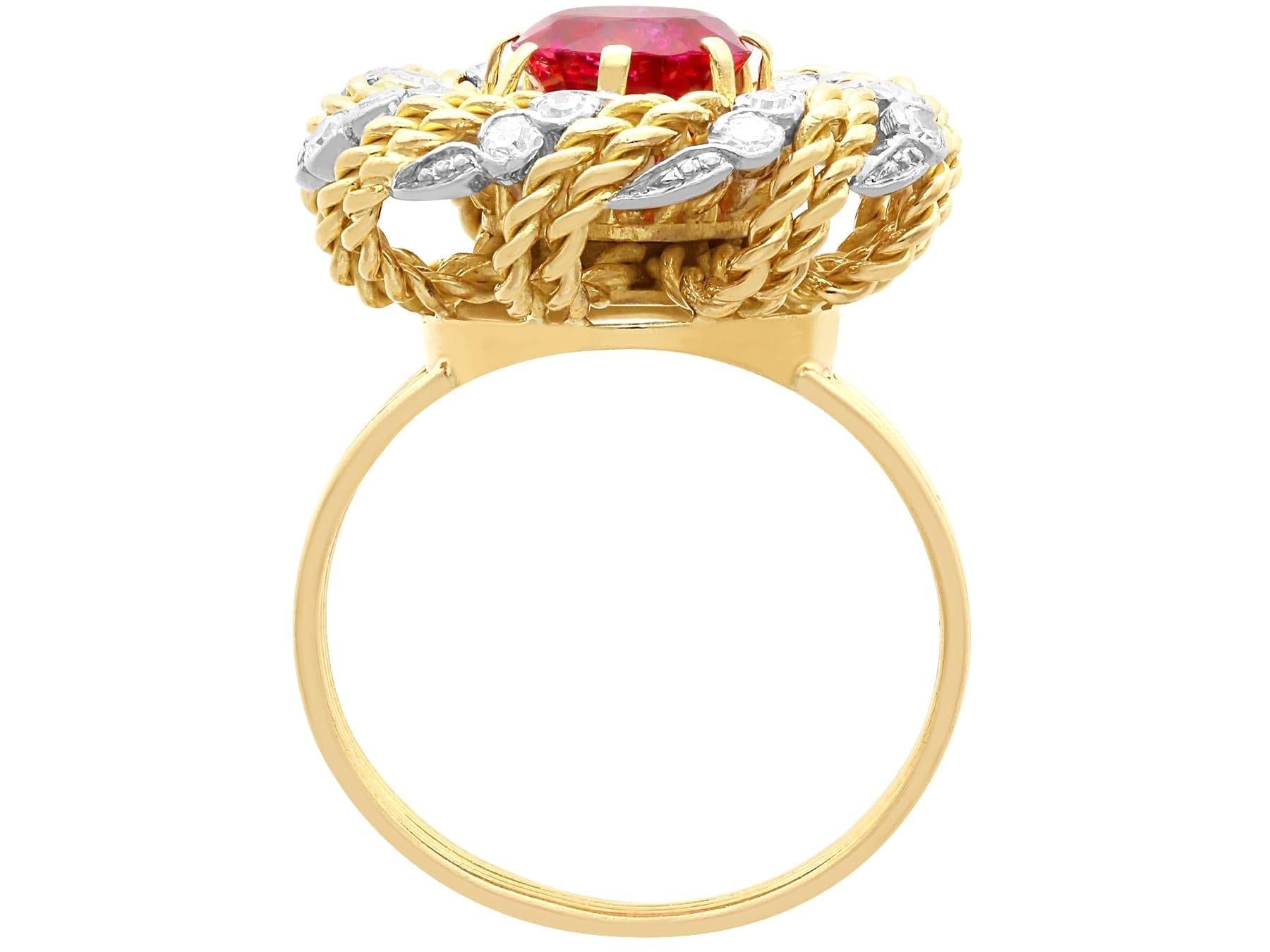 Women's or Men's Vintage 3.75 Carat Pink Tourmaline and 0.96 Carat Diamond Yellow Gold Dress Ring For Sale