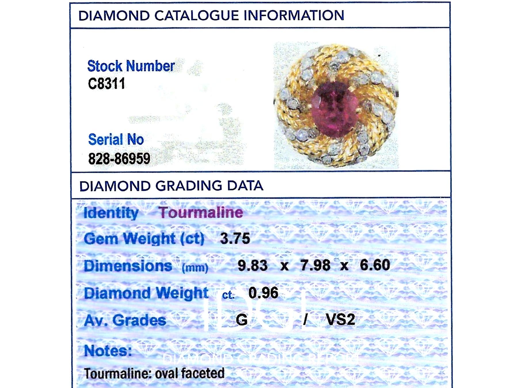 Vintage 3.75 Carat Pink Tourmaline and 0.96 Carat Diamond Yellow Gold Dress Ring For Sale 1