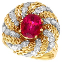 Vintage 3.75 Carat Pink Tourmaline and 0.96 Carat Diamond Yellow Gold Dress Ring