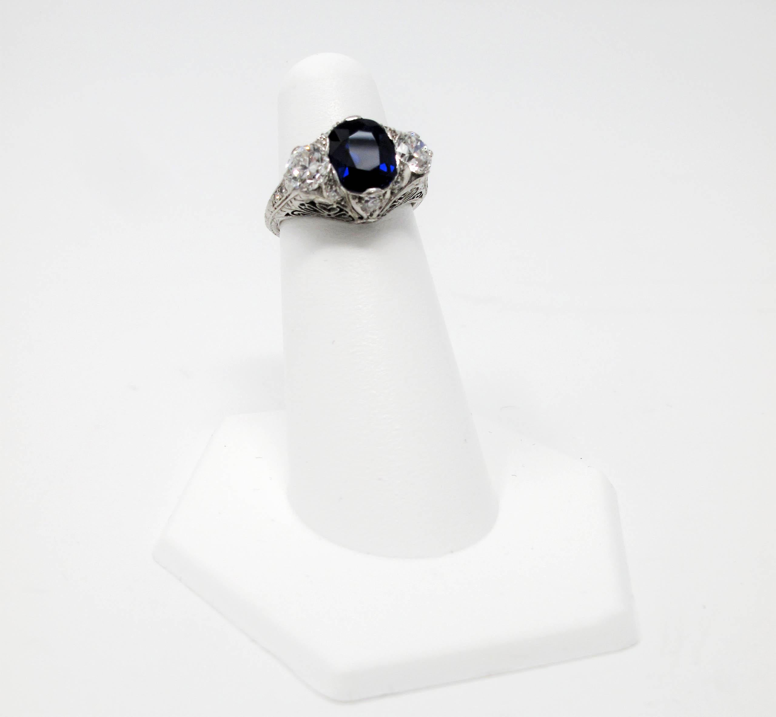 Vintage Cushion Unheated Blue Sapphire GIA and Diamond 3 Stone Ring in Platinum For Sale 4