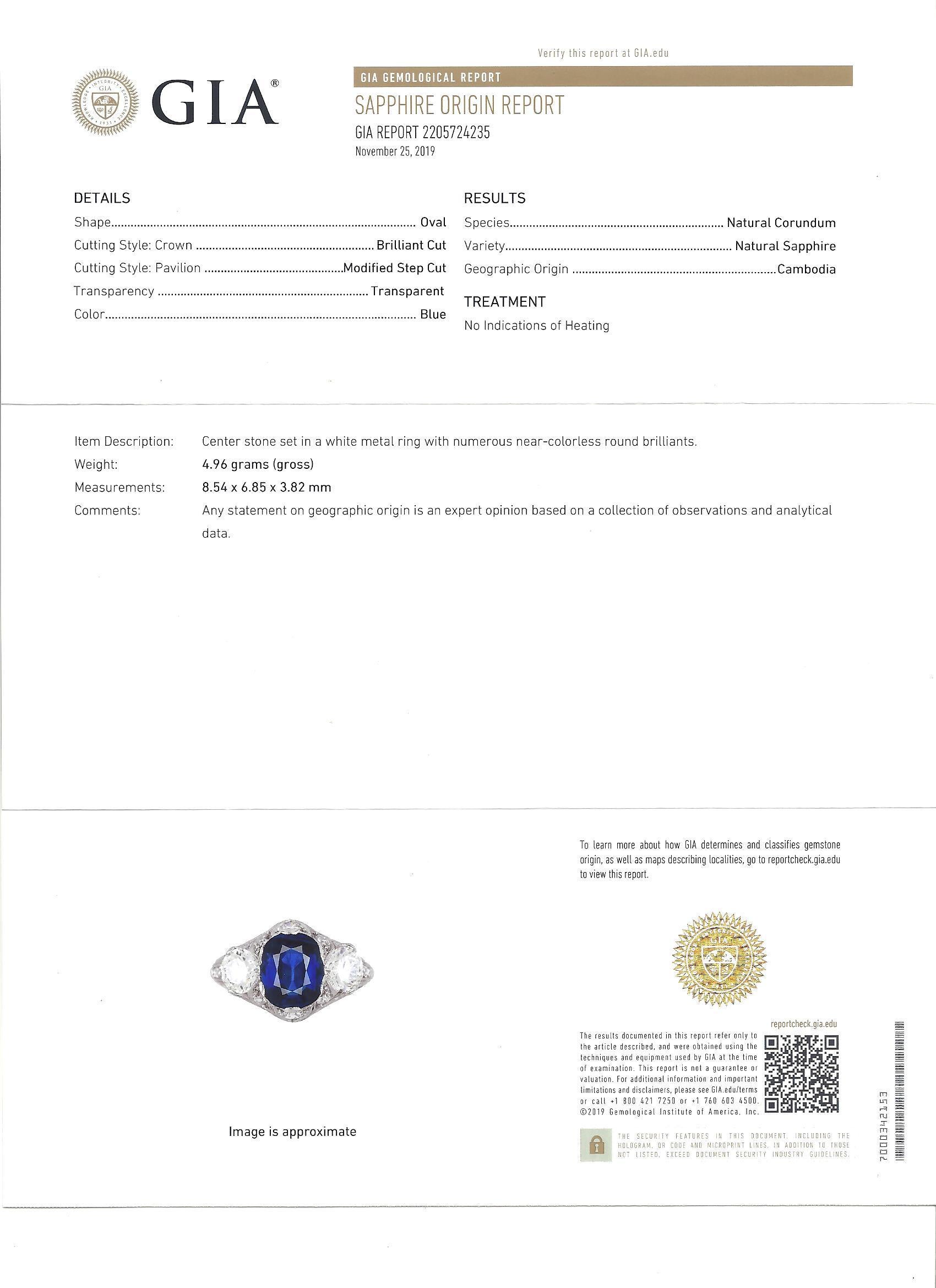 Vintage Cushion Unheated Blue Sapphire GIA and Diamond 3 Stone Ring in Platinum For Sale 5