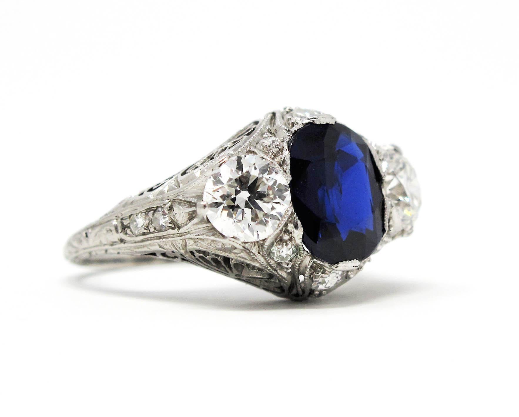Edwardian Vintage Cushion Unheated Blue Sapphire GIA and Diamond 3 Stone Ring in Platinum For Sale