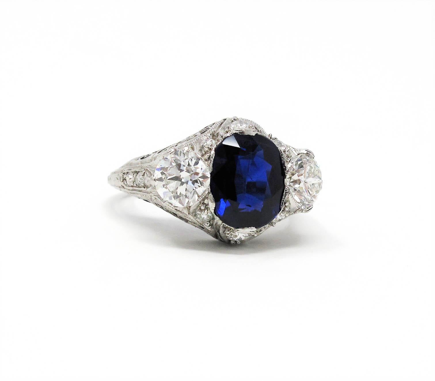 Cushion Cut Vintage Cushion Unheated Blue Sapphire GIA and Diamond 3 Stone Ring in Platinum For Sale