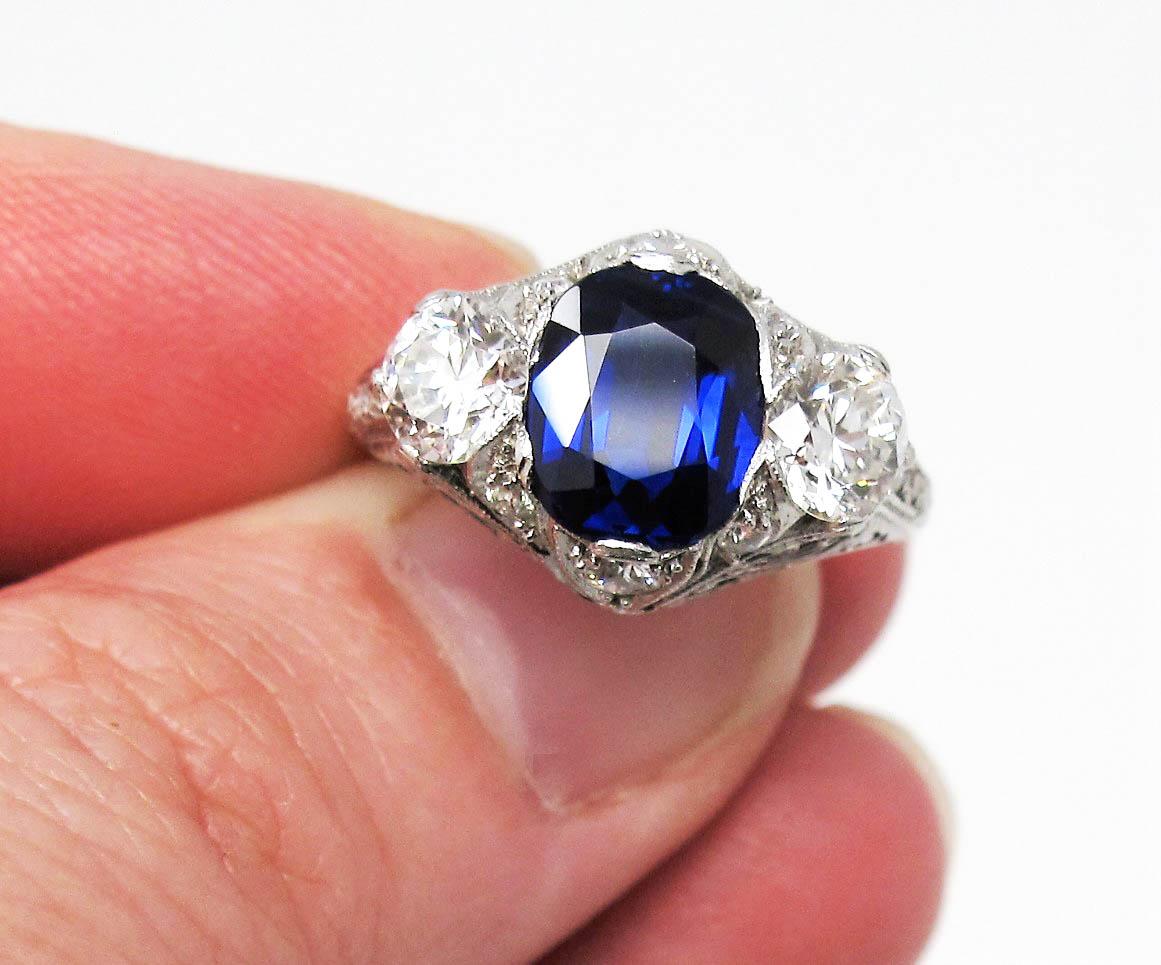 Vintage Cushion Unheated Blue Sapphire GIA and Diamond 3 Stone Ring in Platinum In Good Condition For Sale In Scottsdale, AZ