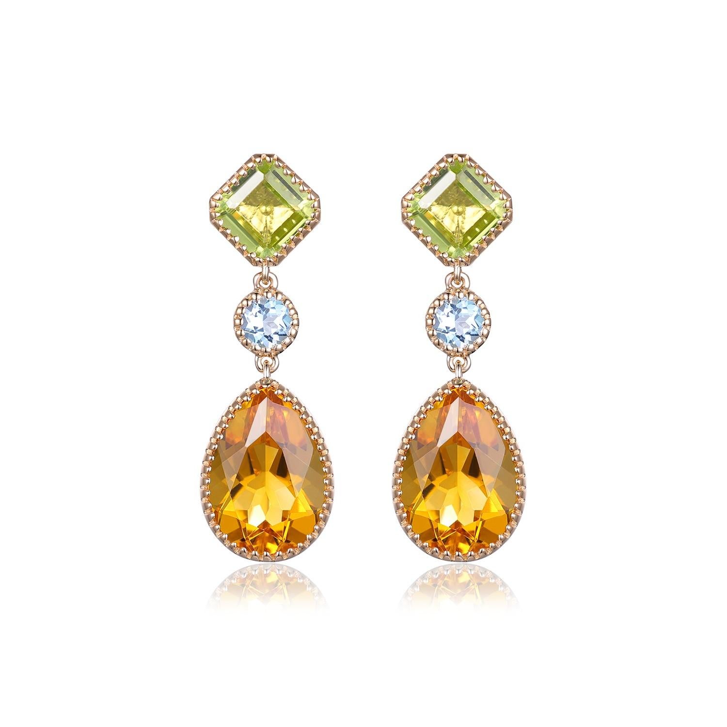 Vintage 3.75Ct Citrin Peridot＆Blauer Topas Ohrringe in 14 Karat Gelbgold im Angebot 4