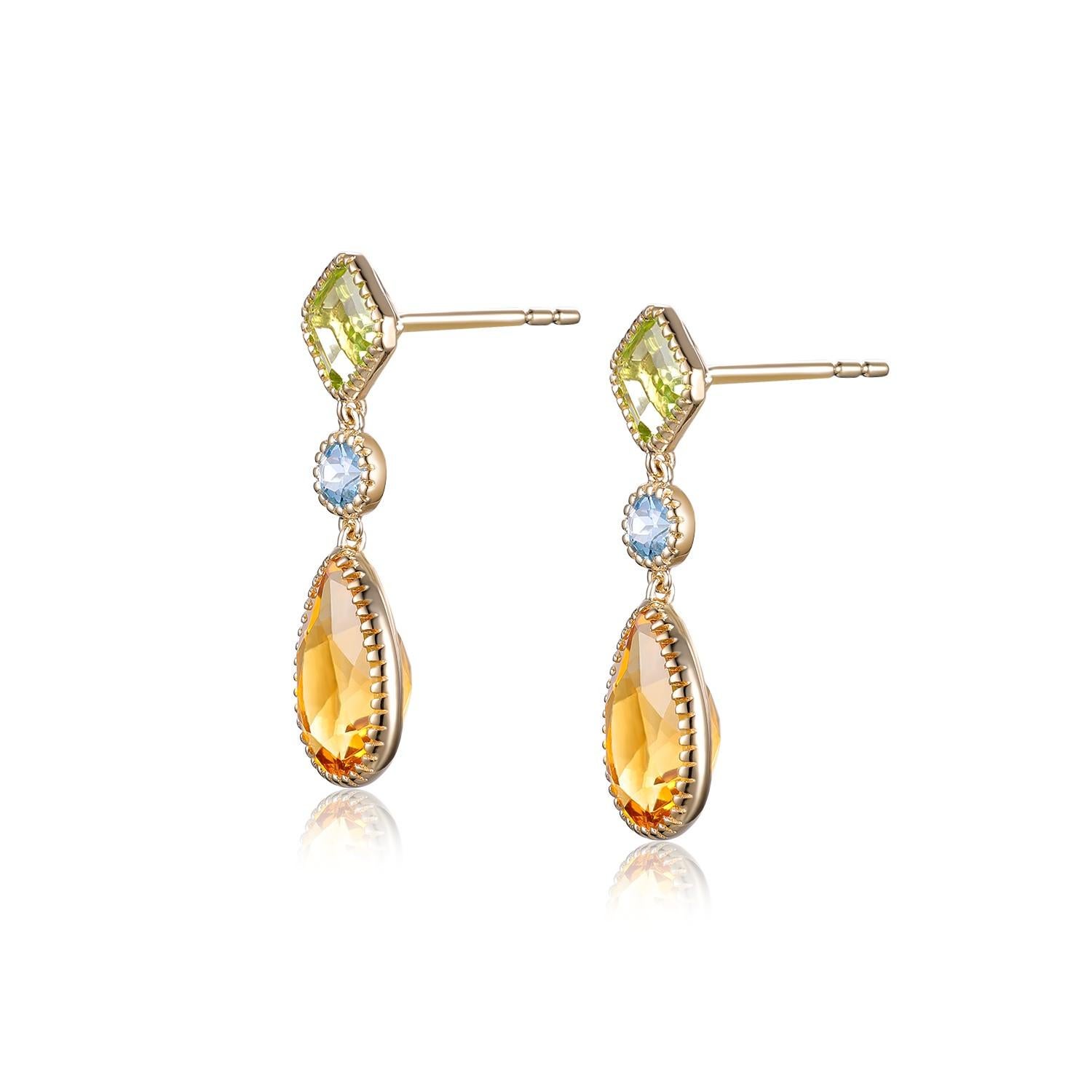 Vintage 3.75Ct Citrin Peridot＆Blauer Topas Ohrringe in 14 Karat Gelbgold im Angebot 5