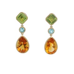 Vintage 3.75Ct Citrine Peridot＆Blue Topaz Earrings in 14 Karat Yellow Gold