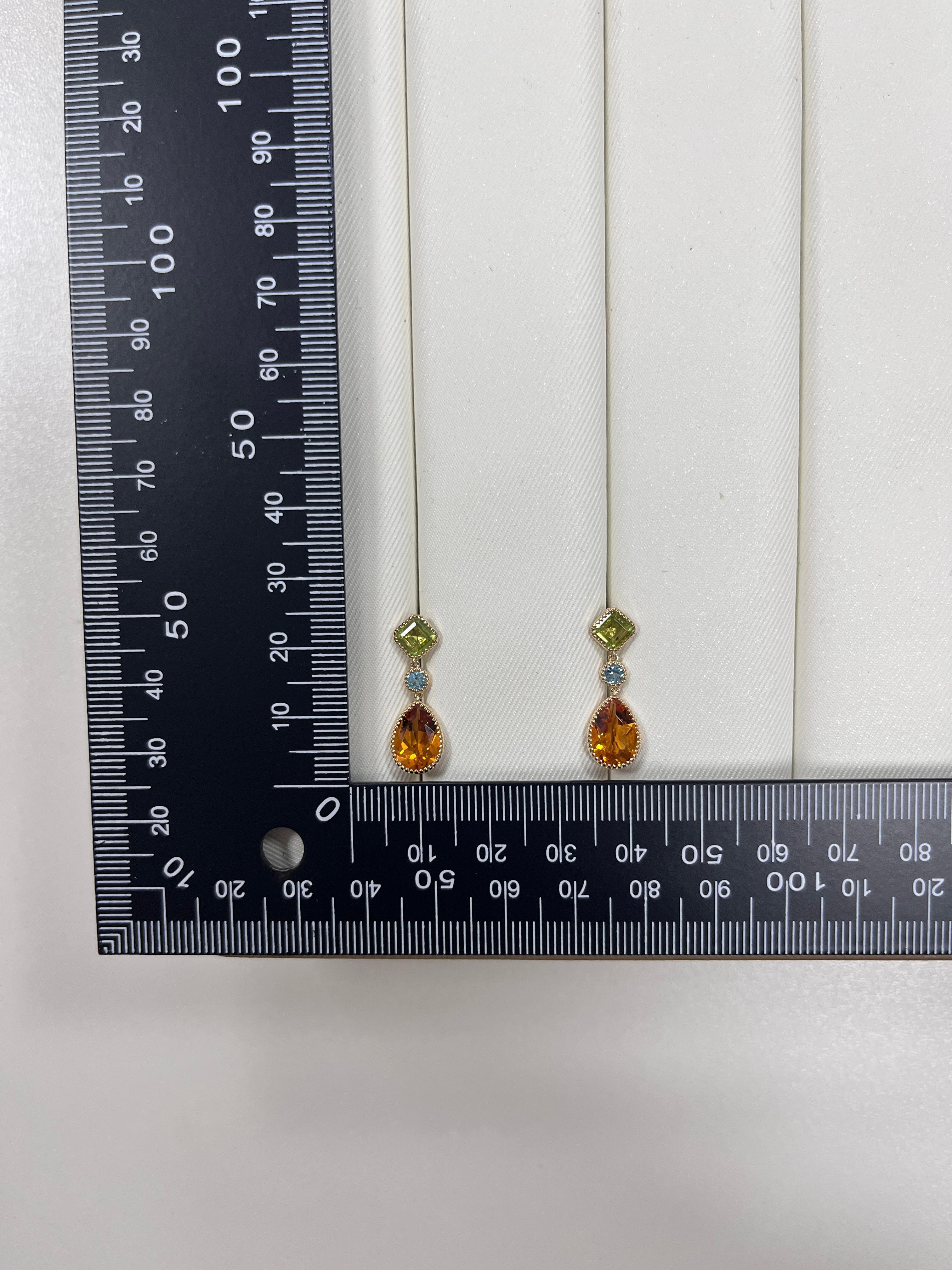 Vintage 3.75Ct Citrin Peridot＆Blauer Topas Ohrringe in 14 Karat Gelbgold (Art déco) im Angebot