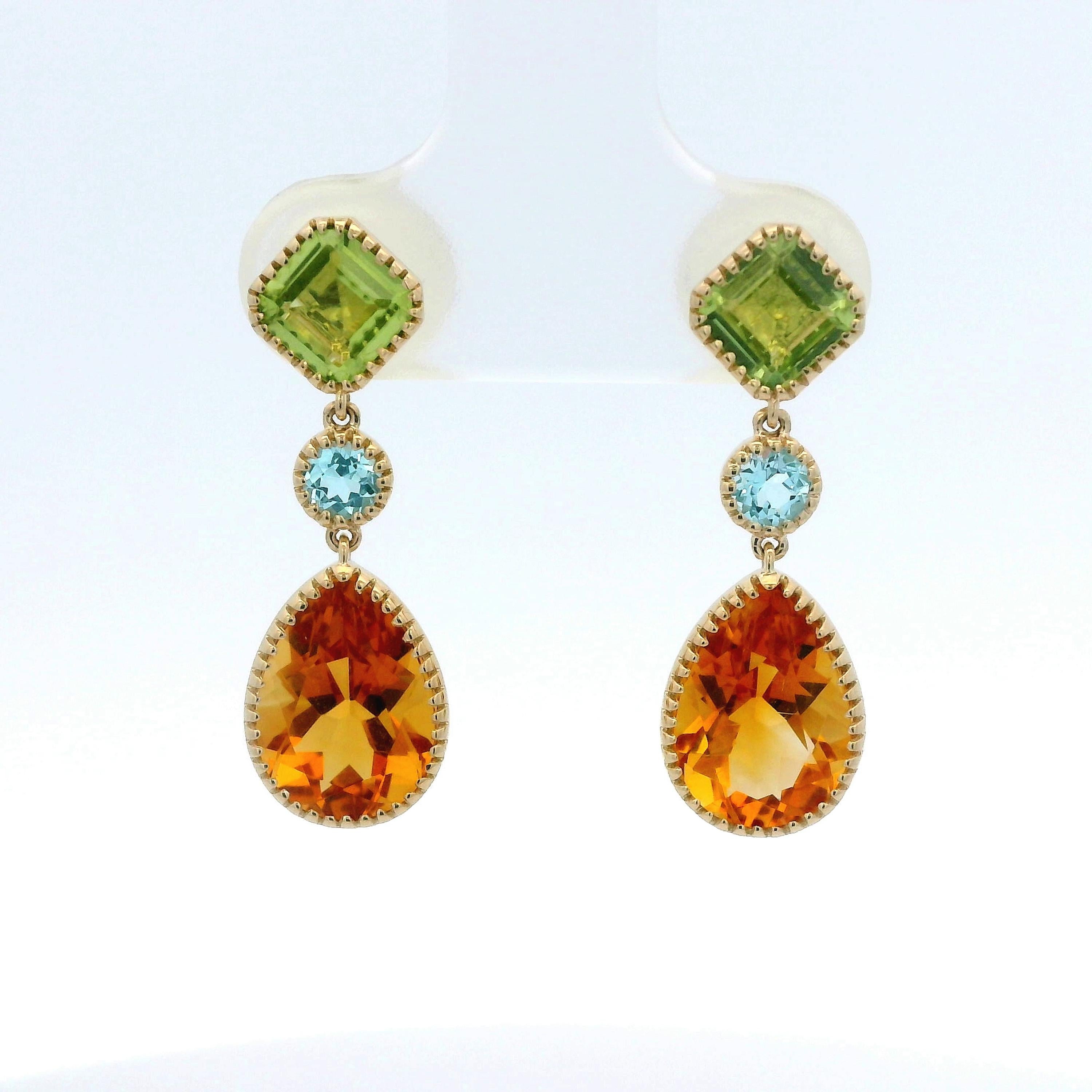 Vintage 3.75Ct Citrin Peridot＆Blauer Topas Ohrringe in 14 Karat Gelbgold Damen im Angebot