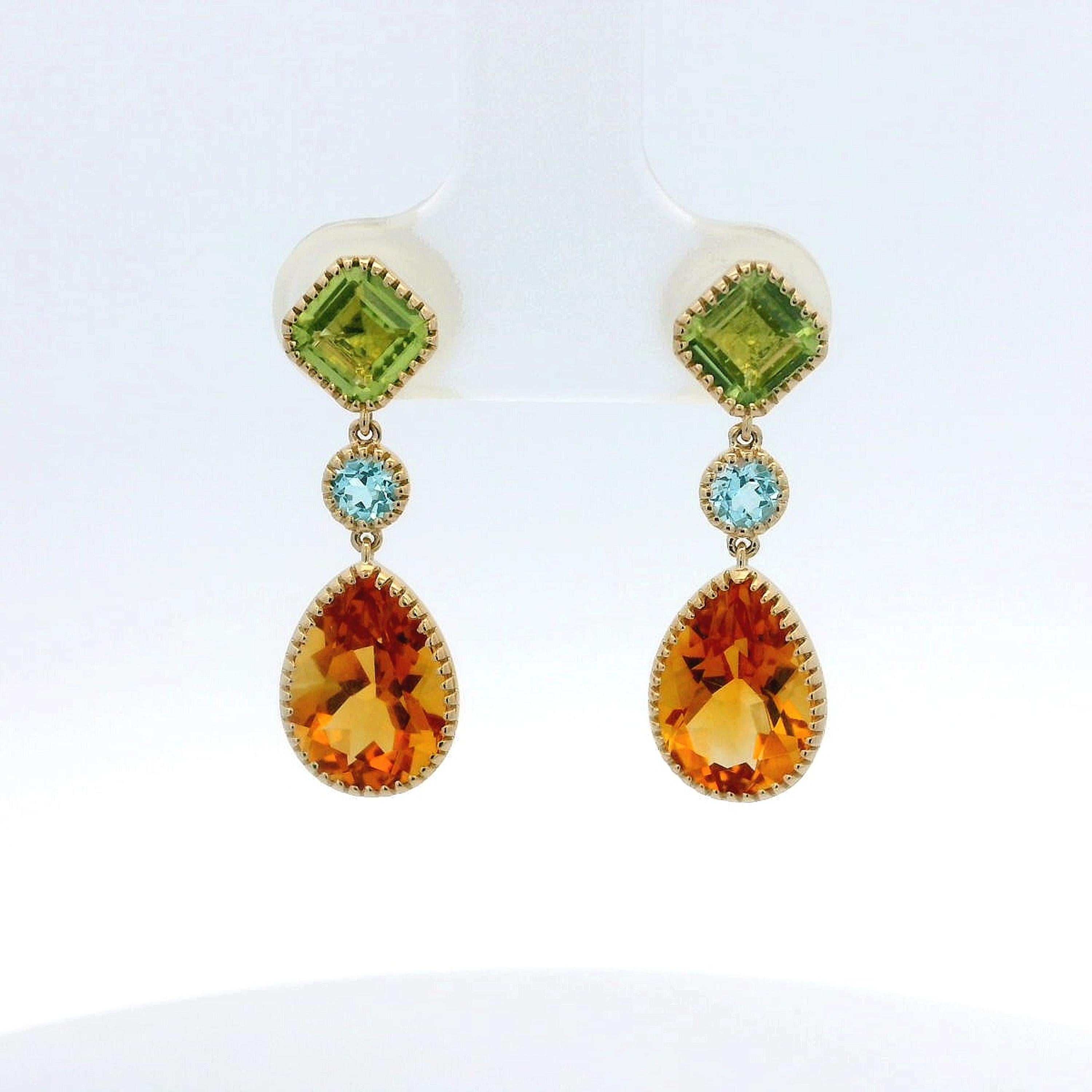 Vintage 3.75Ct Citrin Peridot＆Blauer Topas Ohrringe in 14 Karat Gelbgold im Angebot 3