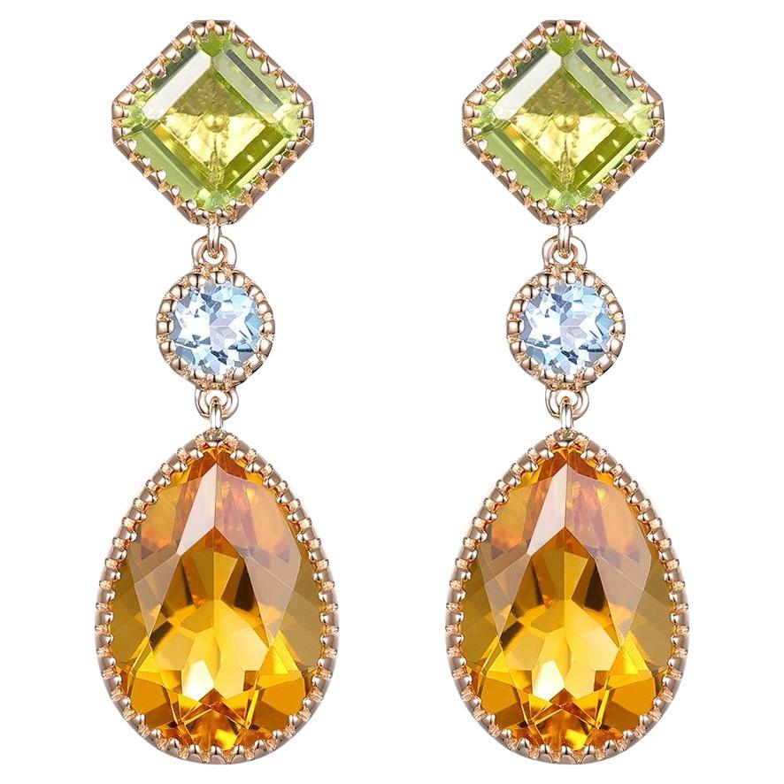 Pendientes vintage de citrino, peridoto y topacio azul de 3,75 quilates en oro amarillo de 14 quilates