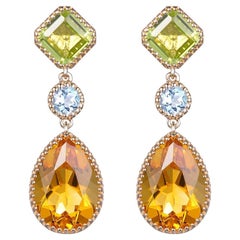 Vintage 3.75Ct Citrine Peridot＆Blue Topaz Earrings in 14 Karat Yellow Gold
