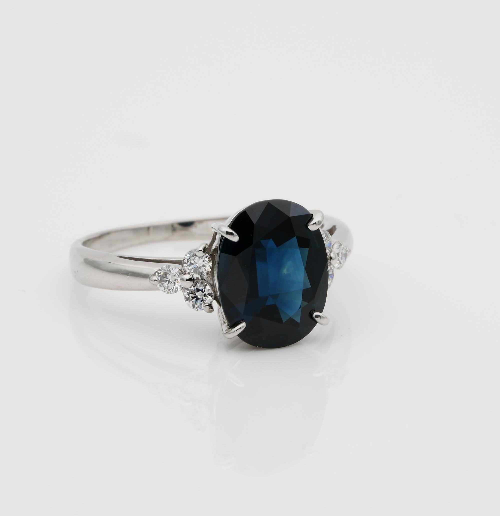 Classy Statement

Striking vintage ring of classy design to stand out for ever
1960 ca – superbly hand crafted of solid Platinum – marked inside together with the Sapphire carat weight and Diamond content all stamped in the shank
The ring boasts