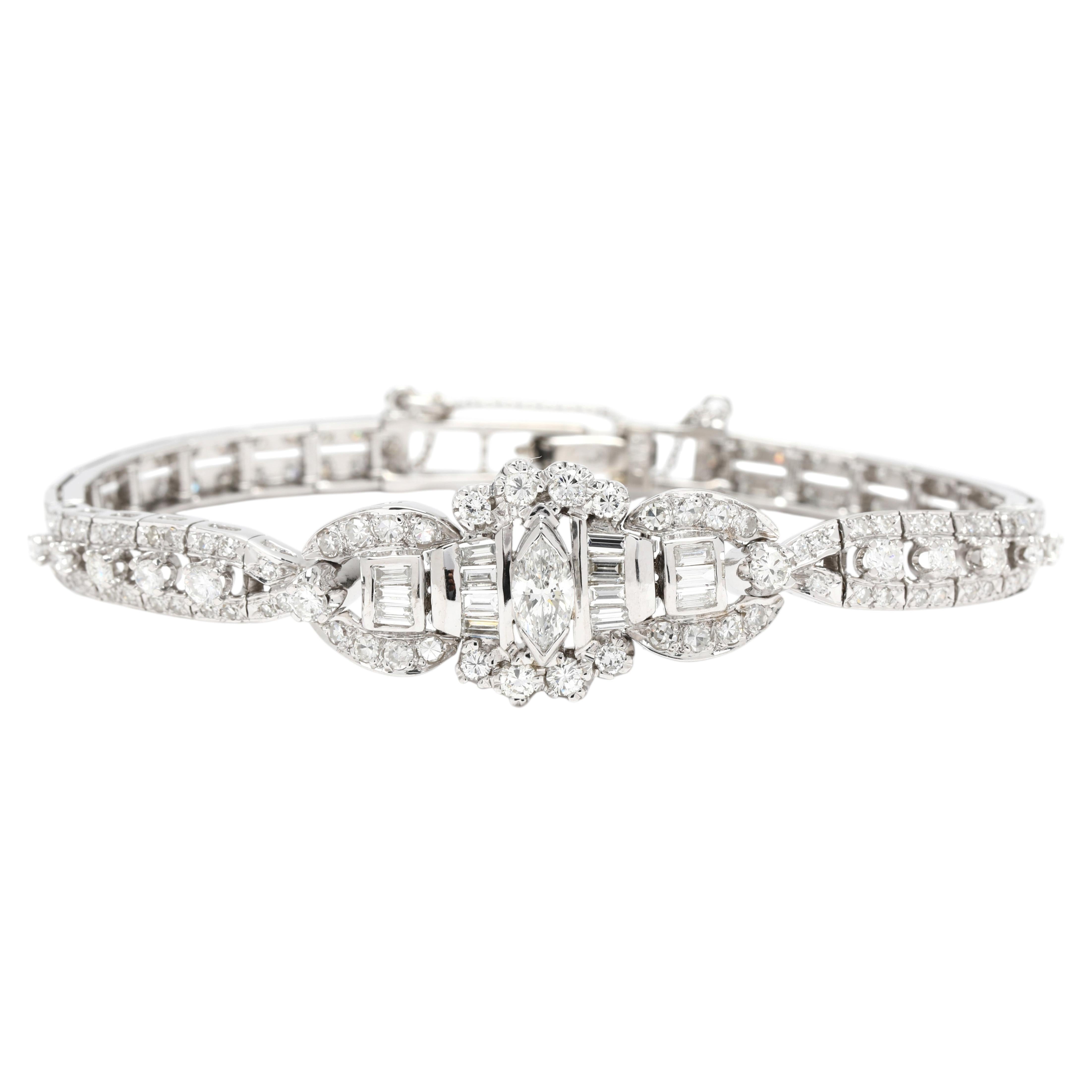 Pulsera vintage de eslabones con diamantes de 3,7 ctw, oro blanco de 14 quilates, longitud 6,75 pulgadas