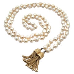 Vintage 38" Cultured Pearl Wrap Strand Necklace Yellow Gold Lariat Tassel Ends