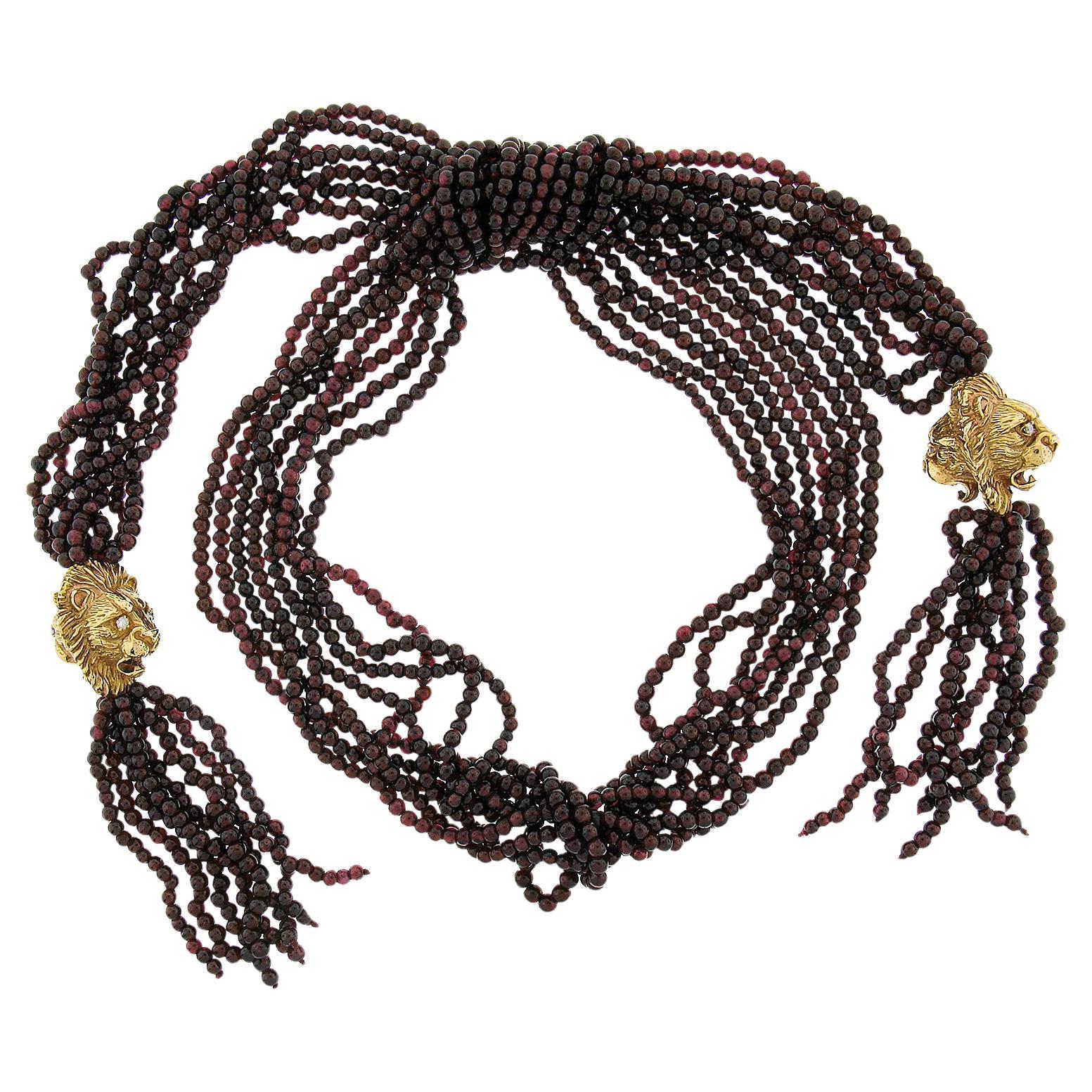 Vintage 38" Rhodolite Garnet Torsade Necklace W/ 14k Gold 2 Detailed Lion Head For Sale
