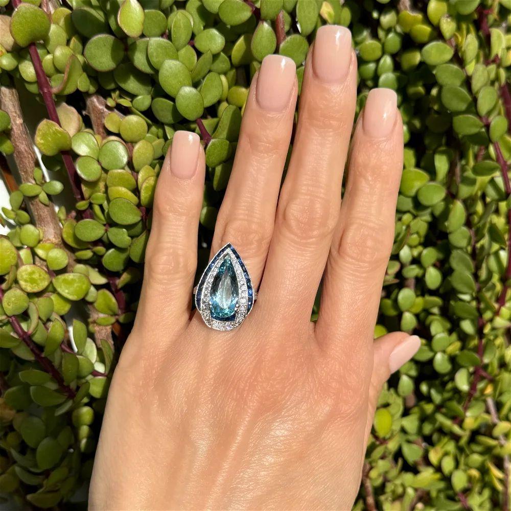 Art Deco Vintage 3.80 Carat Pear Aquamarine Diamond and Sapphire Platinum Ring For Sale