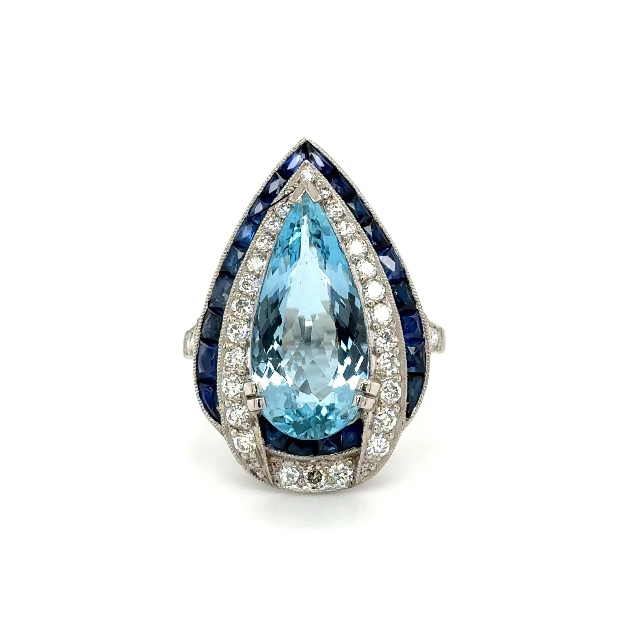 Pear Cut Vintage 3.80 Carat Pear Aquamarine Diamond and Sapphire Platinum Ring For Sale