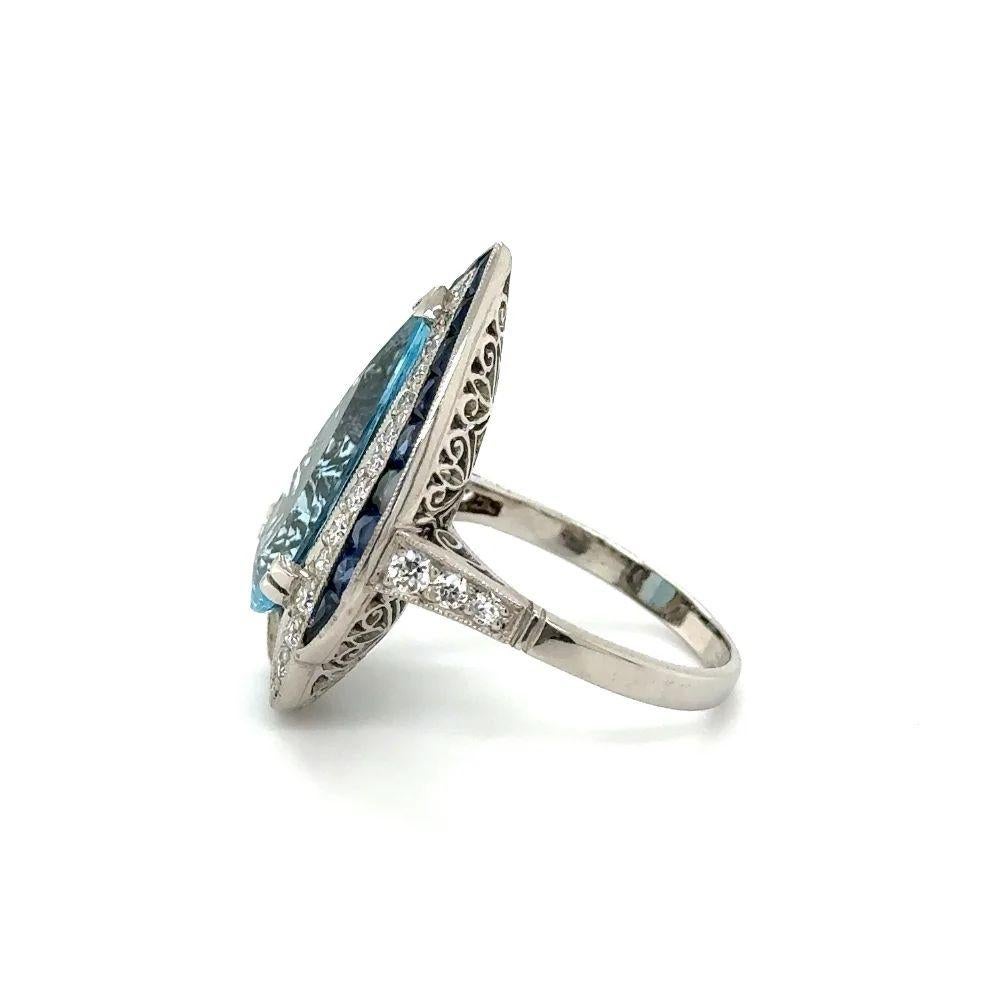 Women's Vintage 3.80 Carat Pear Aquamarine Diamond and Sapphire Platinum Ring For Sale