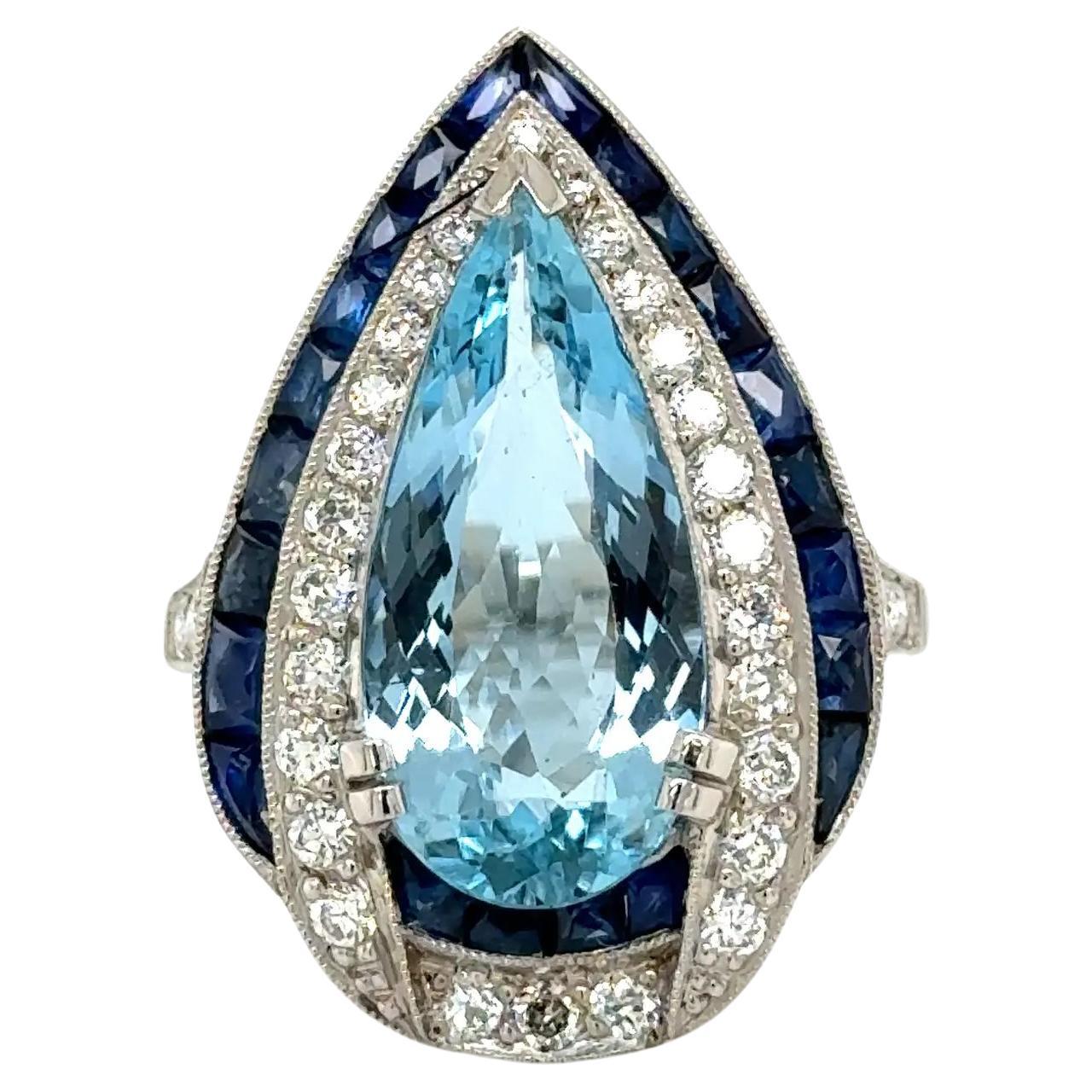 Vintage 3.80 Carat Pear Aquamarine Diamond and Sapphire Platinum Ring For Sale