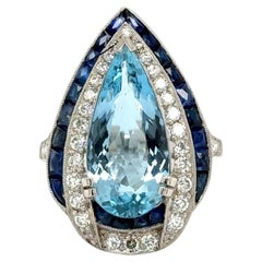 Vintage 3.80 Carat Pear Aquamarine Diamond and Sapphire Platinum Ring