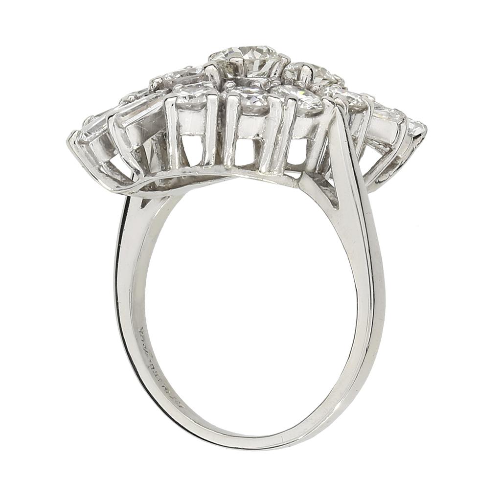 Old European Cut Vintage 3.85 Carat Total Weight Diamond Platinum Cluster Ring For Sale
