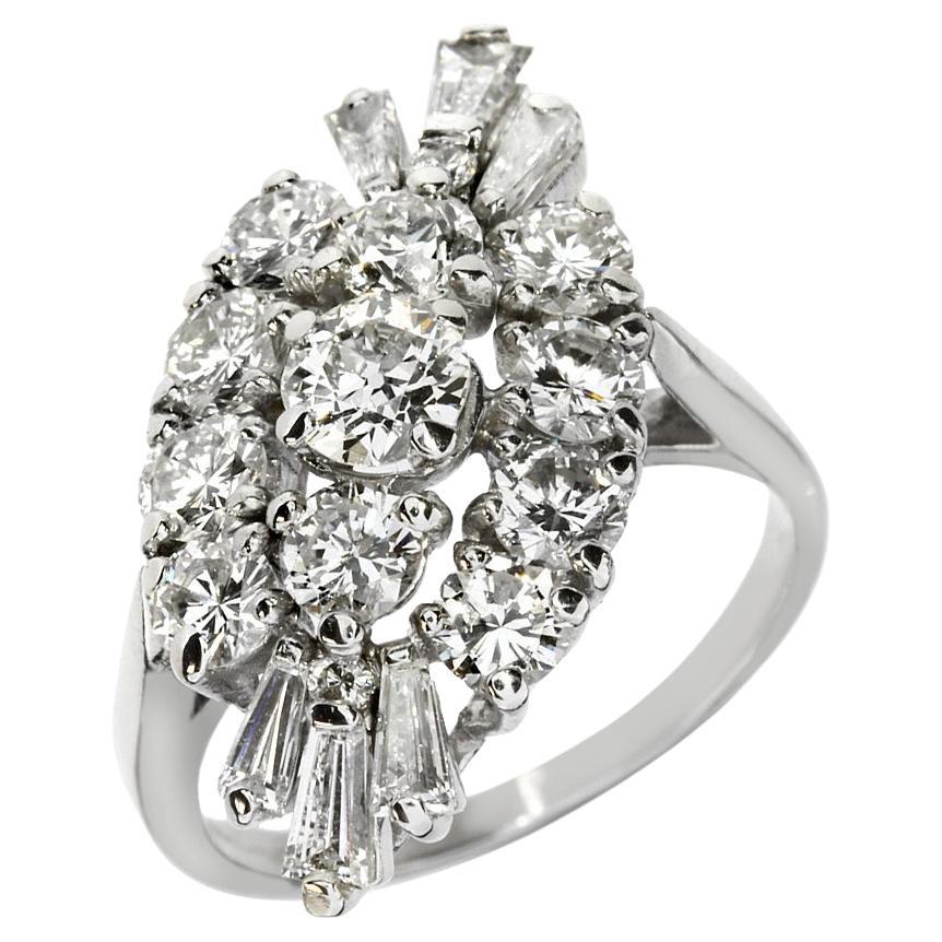 Vintage 3.85 Carat Total Weight Diamond Platinum Cluster Ring For Sale