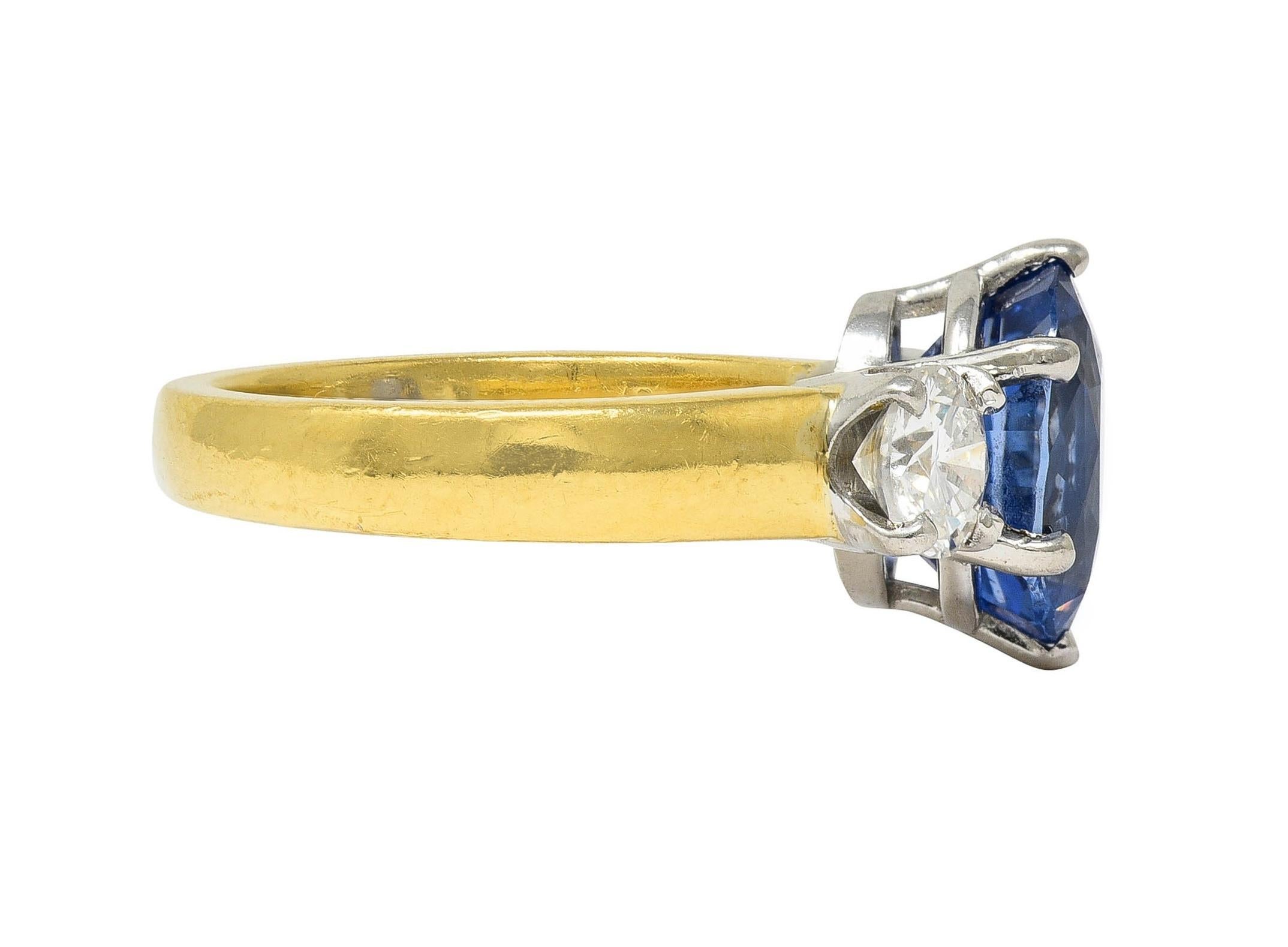Round Cut Vintage 3.86 CTW No Heat Ceylon Sapphire Diamond Platinum 18 Karat Gold Ring GIA For Sale