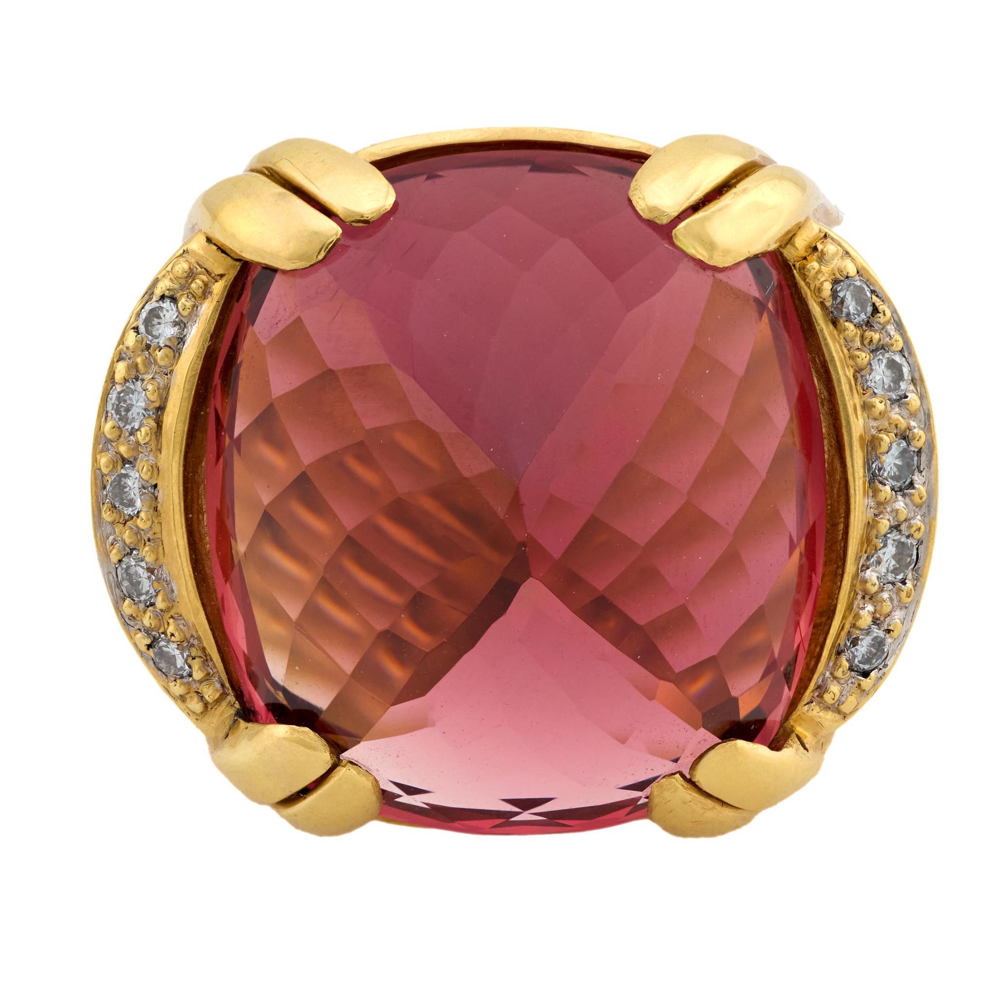 Contemporary Vintage 38.90 carat pink tourmaline diamond 18k yellow gold cocktail ring For Sale