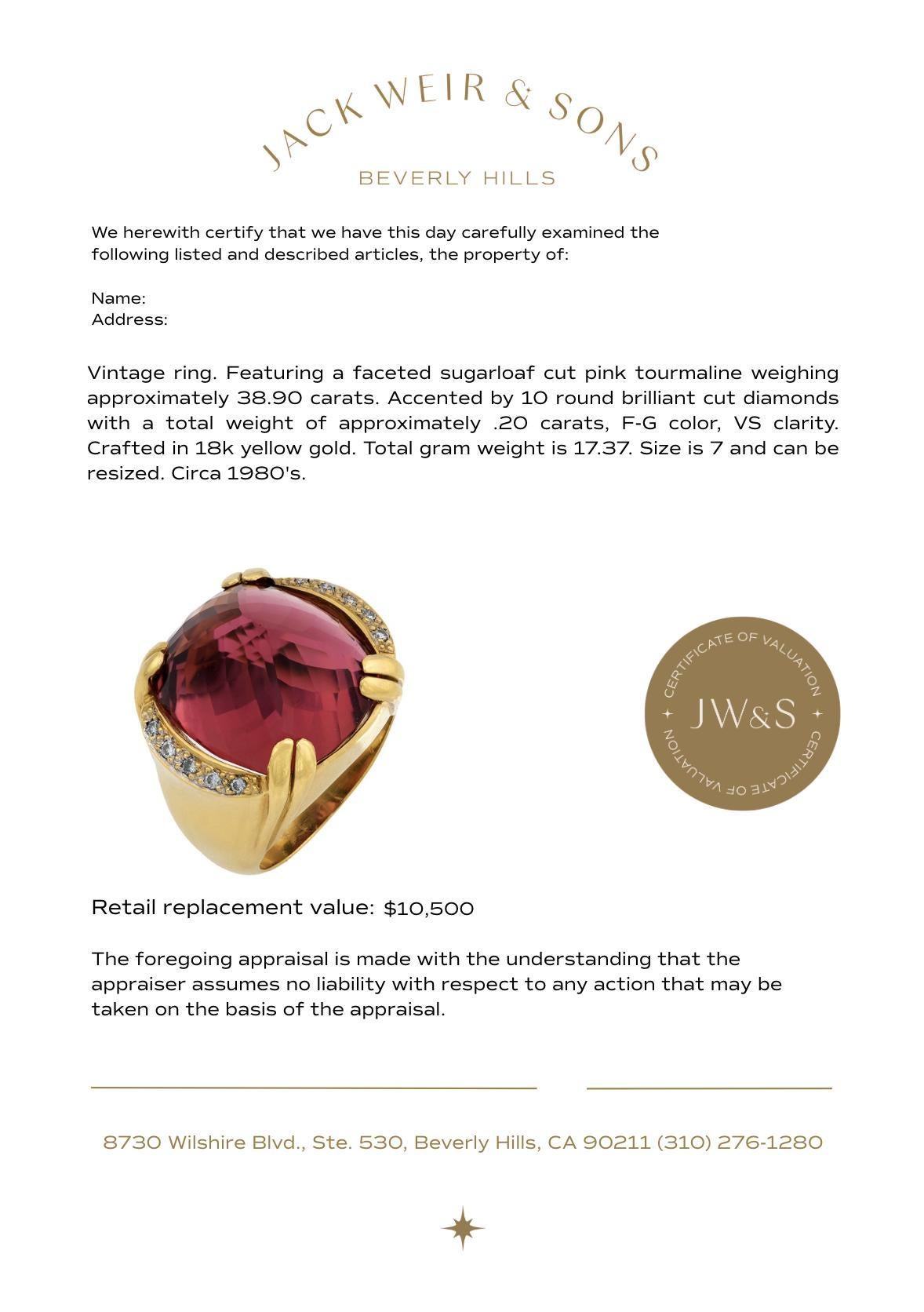 Vintage 38.90 carat pink tourmaline diamond 18k yellow gold cocktail ring In Good Condition For Sale In Beverly Hills, CA