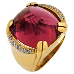 Anello cocktail vintage in oro giallo 18k con diamante e tormalina rosa da 38,90 carati
