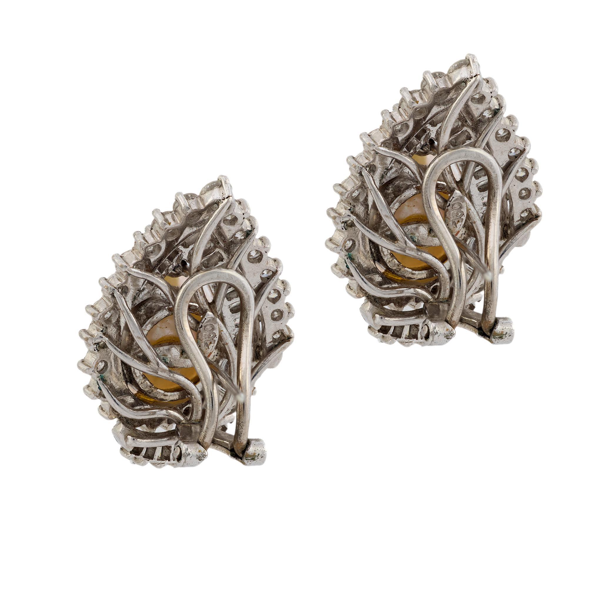 Modern Vintage 3.90 carat diamond pearl 18k white gold earrings For Sale
