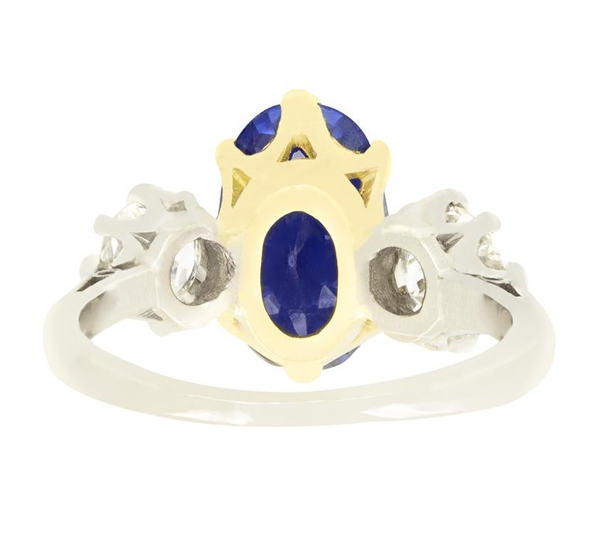 Anillo trilogía vintage de zafiros y diamantes de 3,90 ct, c.1950 en Bueno estado para la venta en London, GB