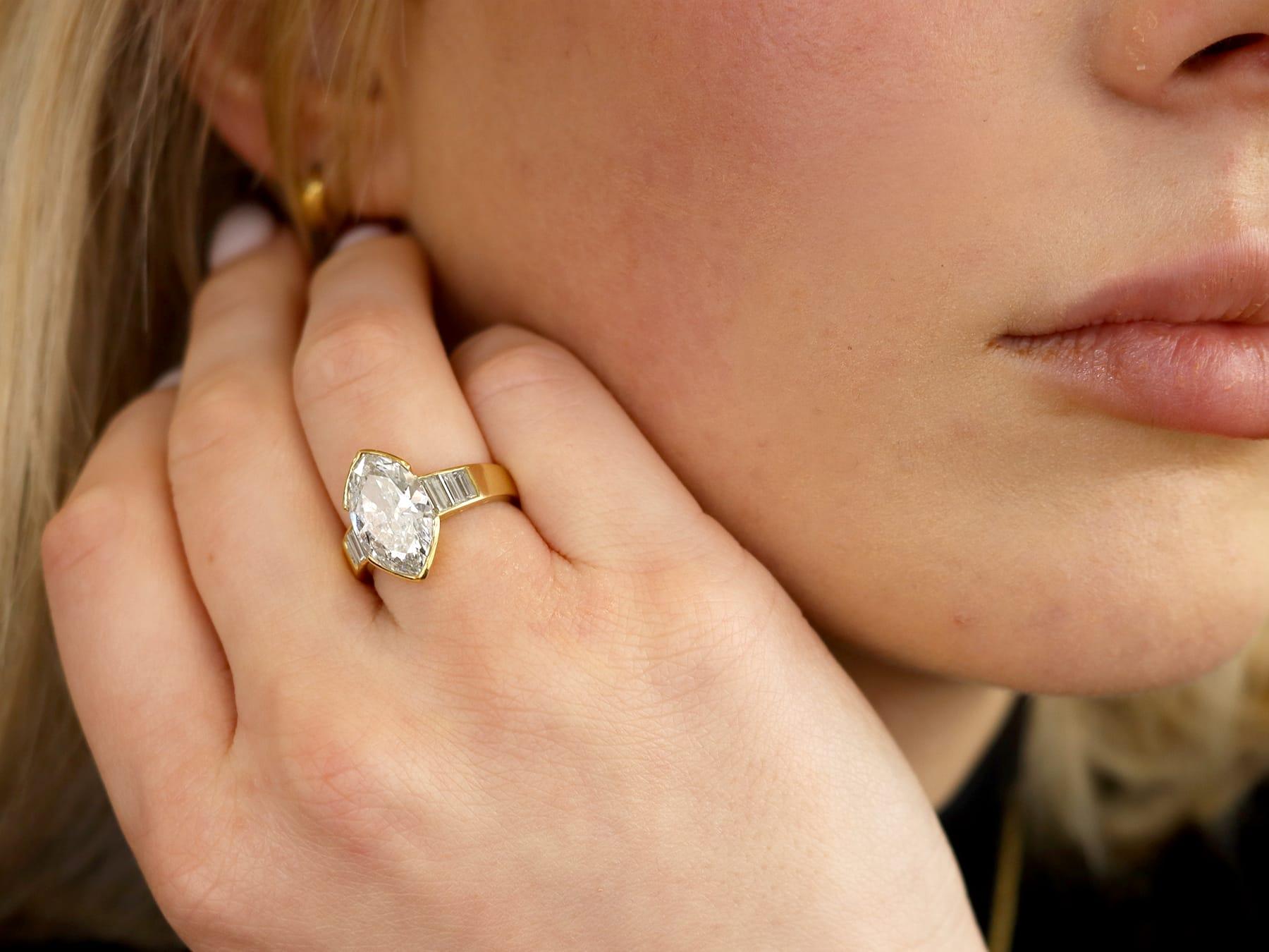 Marquise Cut Vintage 3.93 Carat Diamond and Yellow Gold Solitaire Engagement Ring For Sale