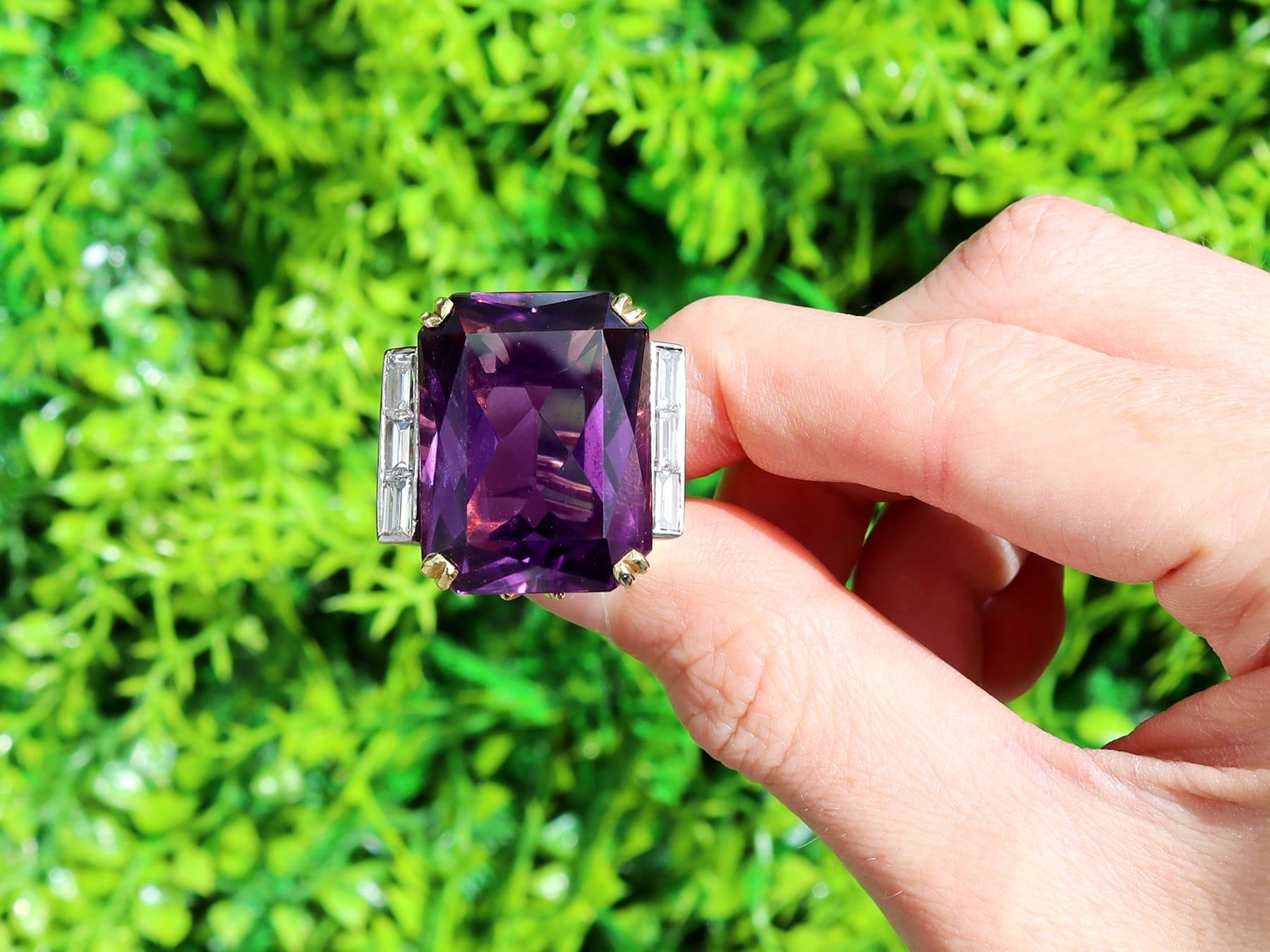 A stunning, fine and impressive vintage 39.50 carat amethyst and 1.32 carat diamond, 18 karat yellow gold and palladium set dress ring; part of our diverse amethyst cocktail rings collection.

This stunning, fine and impressive vintage amethyst ring