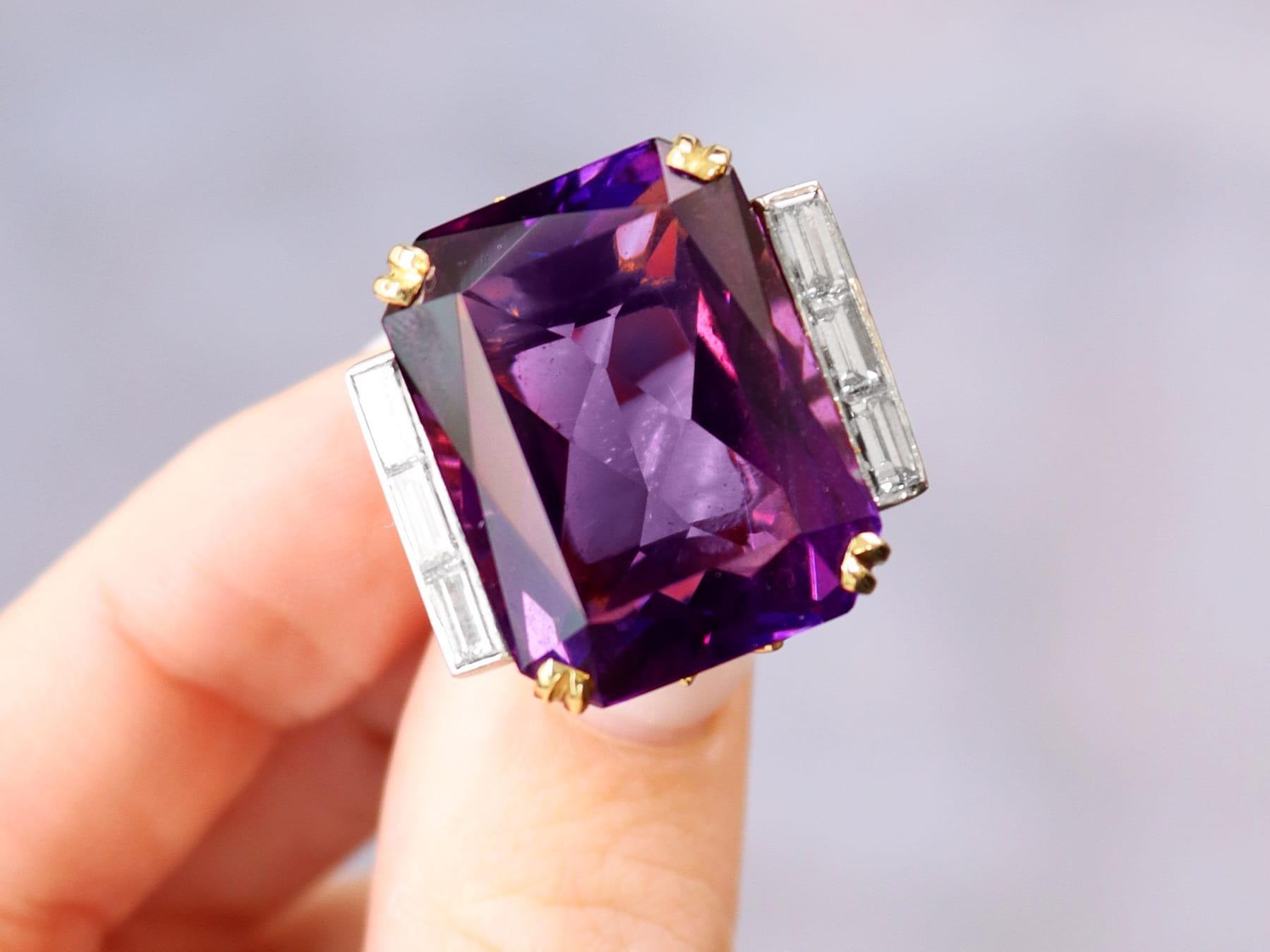 Emerald Cut Vintage 39.50 Carat Amethyst and 1.32Carat Diamond Cocktail Ring For Sale